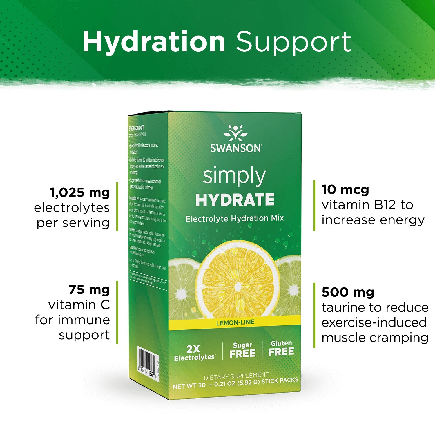Swanson simply Hydrate Electrolyte Hydration Mix - Lemon-Lime 30 Pkts