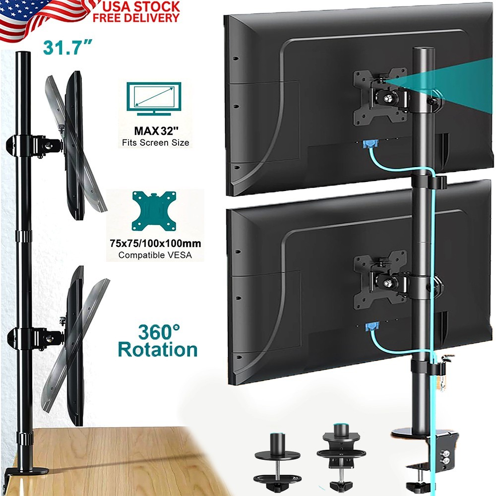 VERTICAL DUAL MONITOR STAND UP TO 32" SCREENS ADJUSTABLE SWIVEL TILT DESK CLAMP