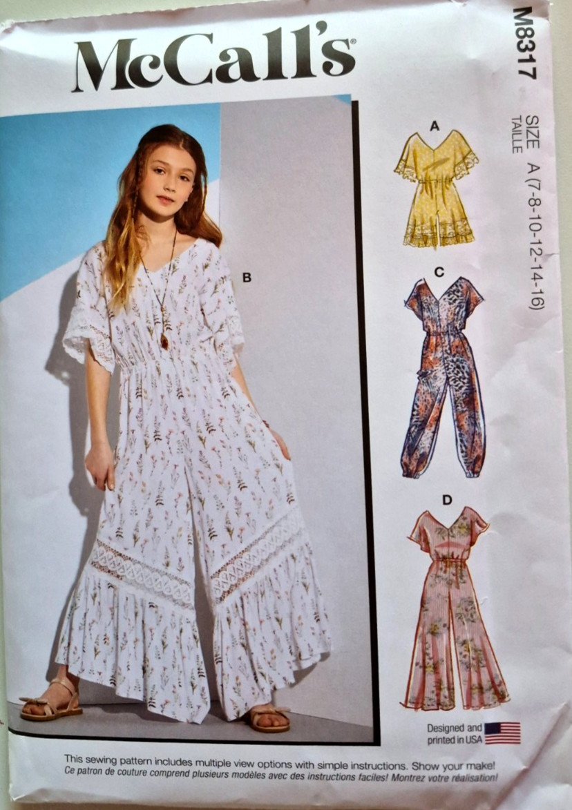 MCCALLS PATTERN  8317 ROMPER JUMPSUIT  GIRLS SIZES 7 8 10 12 14 16  UNCUT  FF