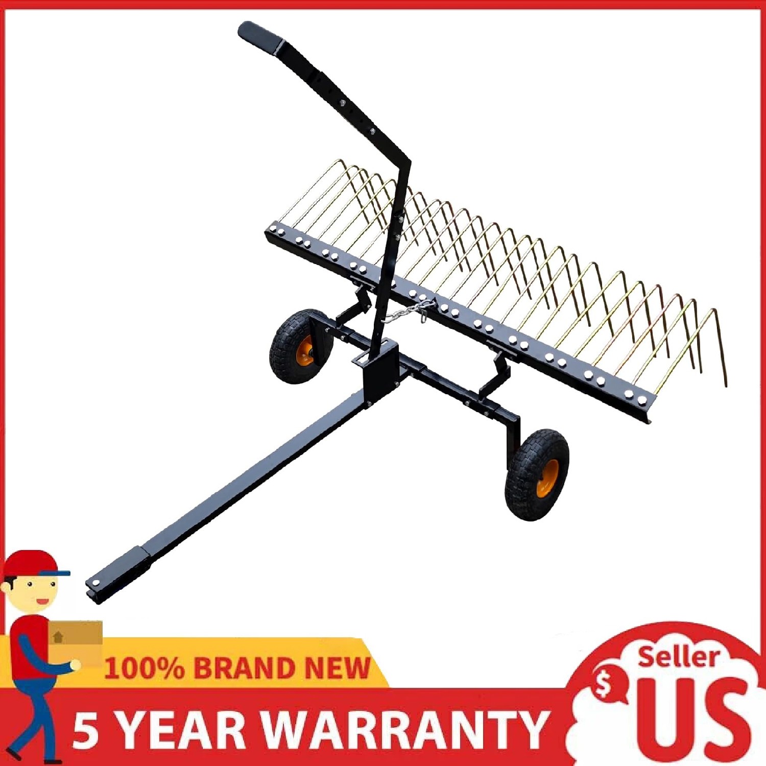 60" ATV Tow Behind Dethatcher Pine Straw Rake Steel Landscape Rake ,Lawn Tractor