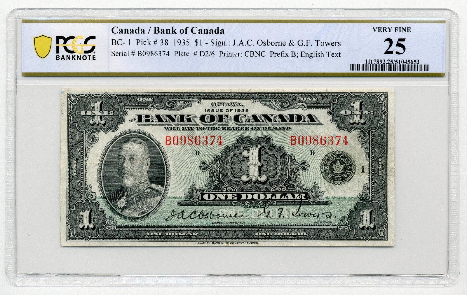 1935 $1 Bank of Canada, English Series B, BC-1 - Very Fine, PCGS VF25