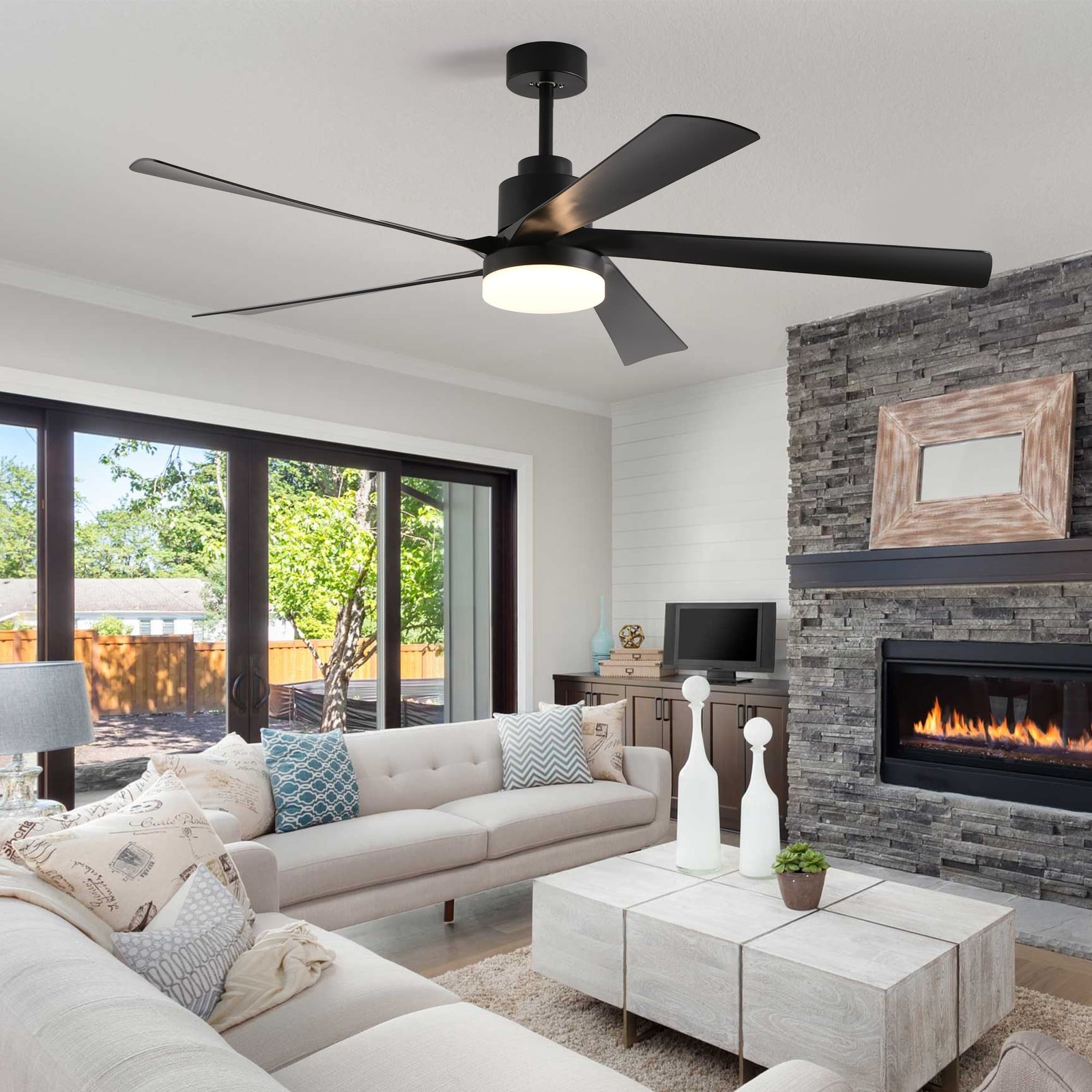 65" Black Ceiling Fan with Light Dimmable LED Remote Quiet DC Motor 6 Speed
