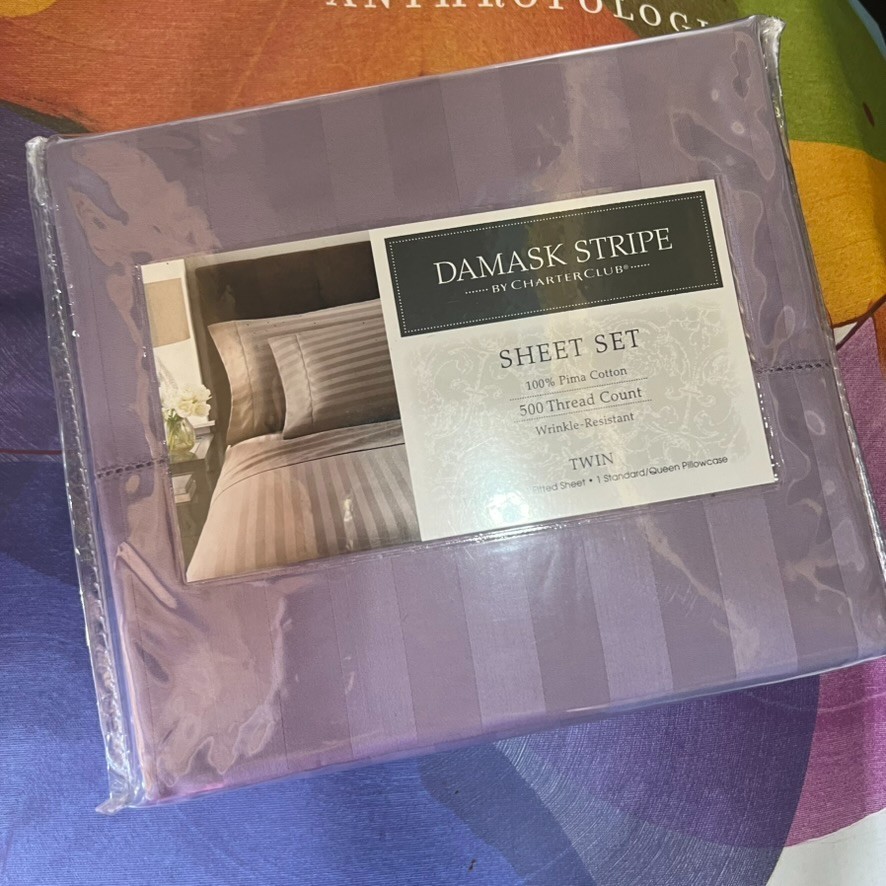 Charter Club 500 Thread Count Damask Stripe Twin Sheet Set Purple NEW!