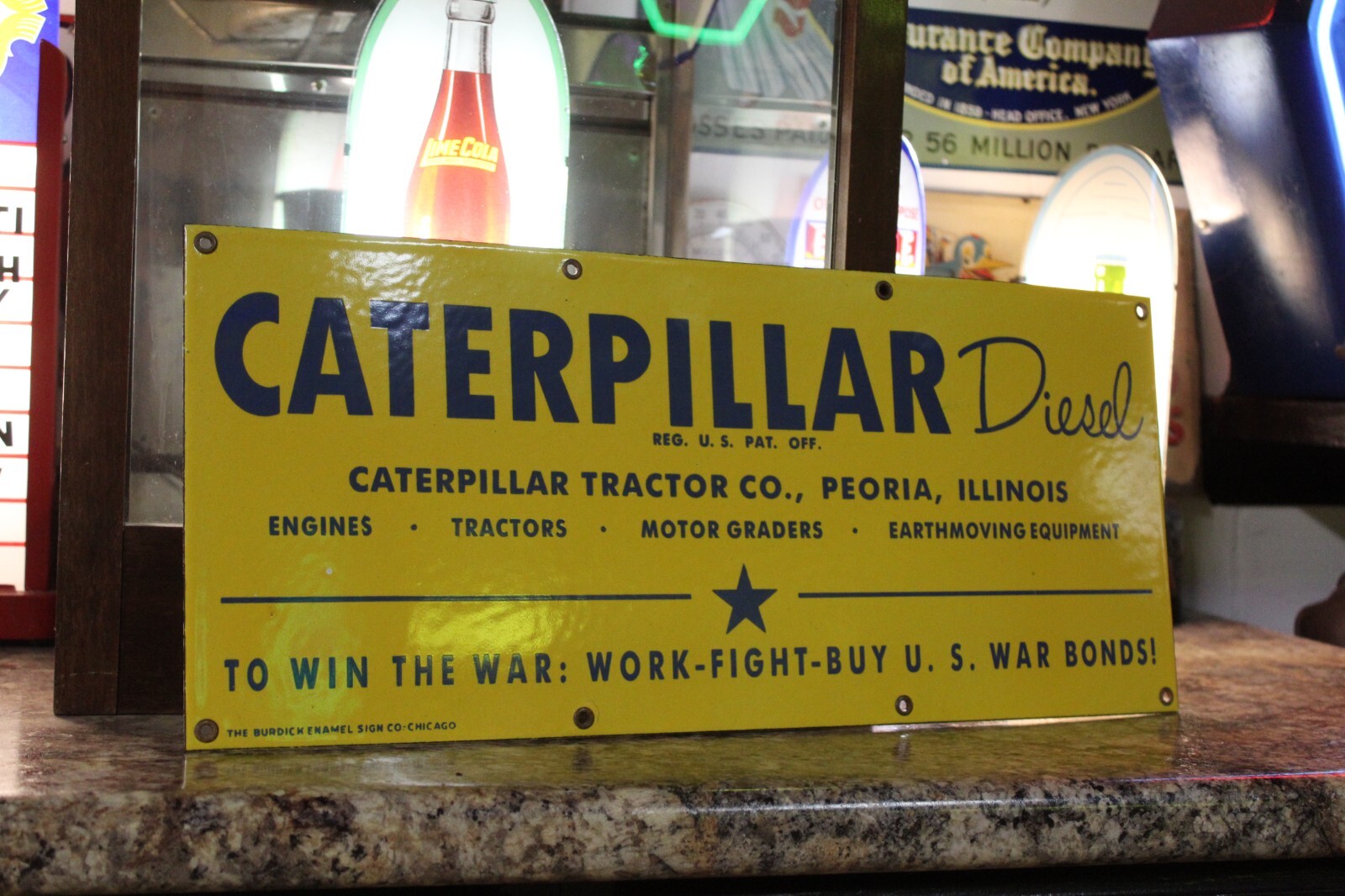 RARE CATERPILLAR DIESEL ENGINES TRACTOR DEALER PORCELAIN METAL SIGN WAR BONDS US