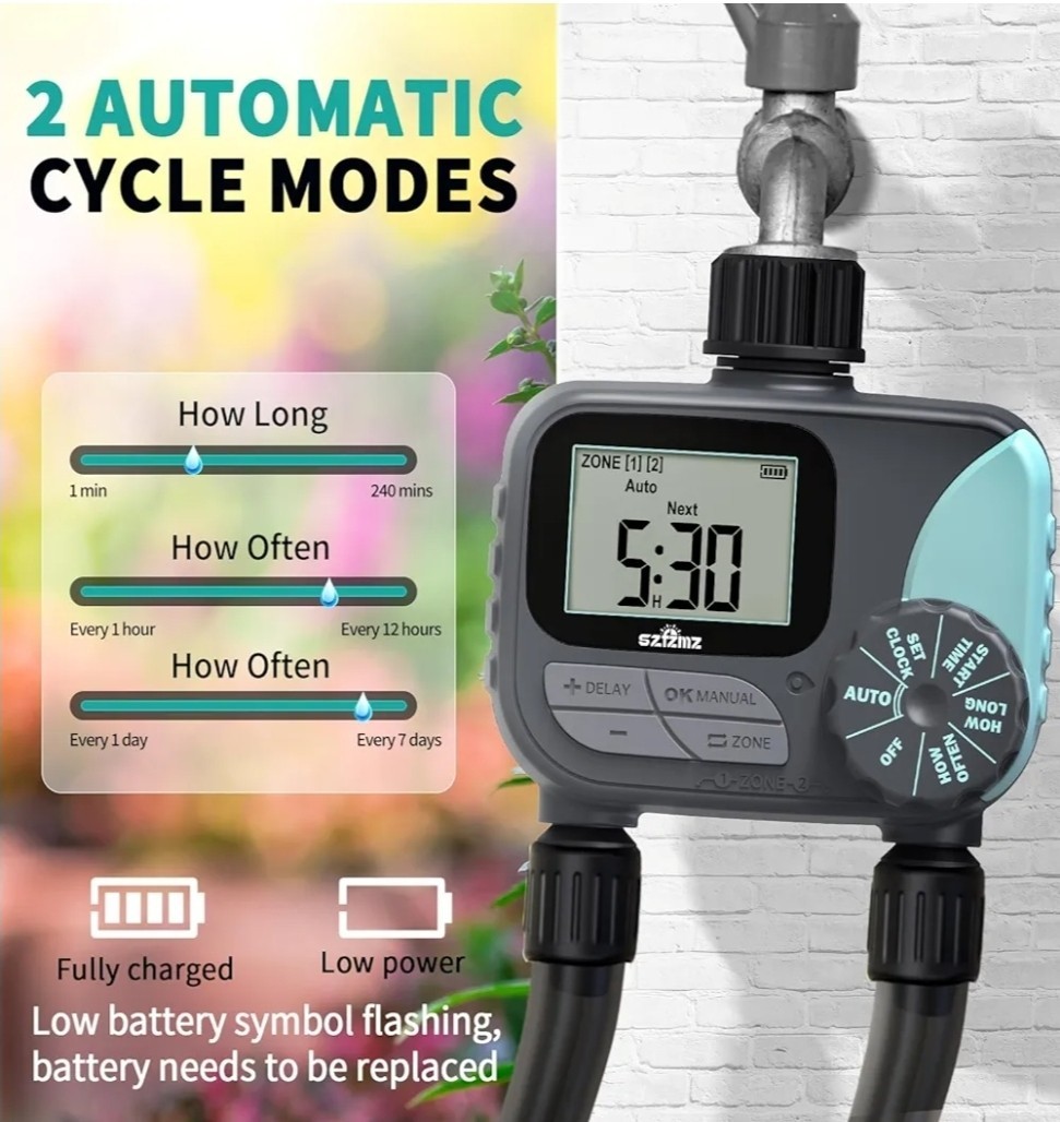 2 outlet Sprinkler Timer Water Timer, Programmable with rain delay Manual/Auto