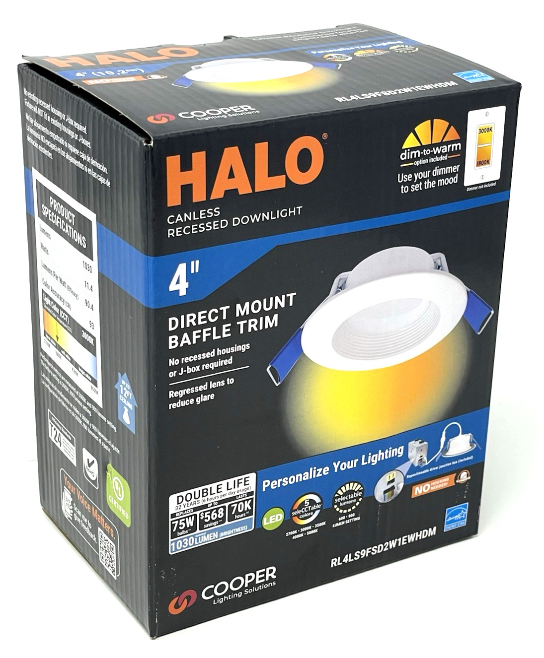 Halo 4 In. 5 CCT LED Canless Recessed Downlight White RL4LS9FSD2W1EWHDM - NIB