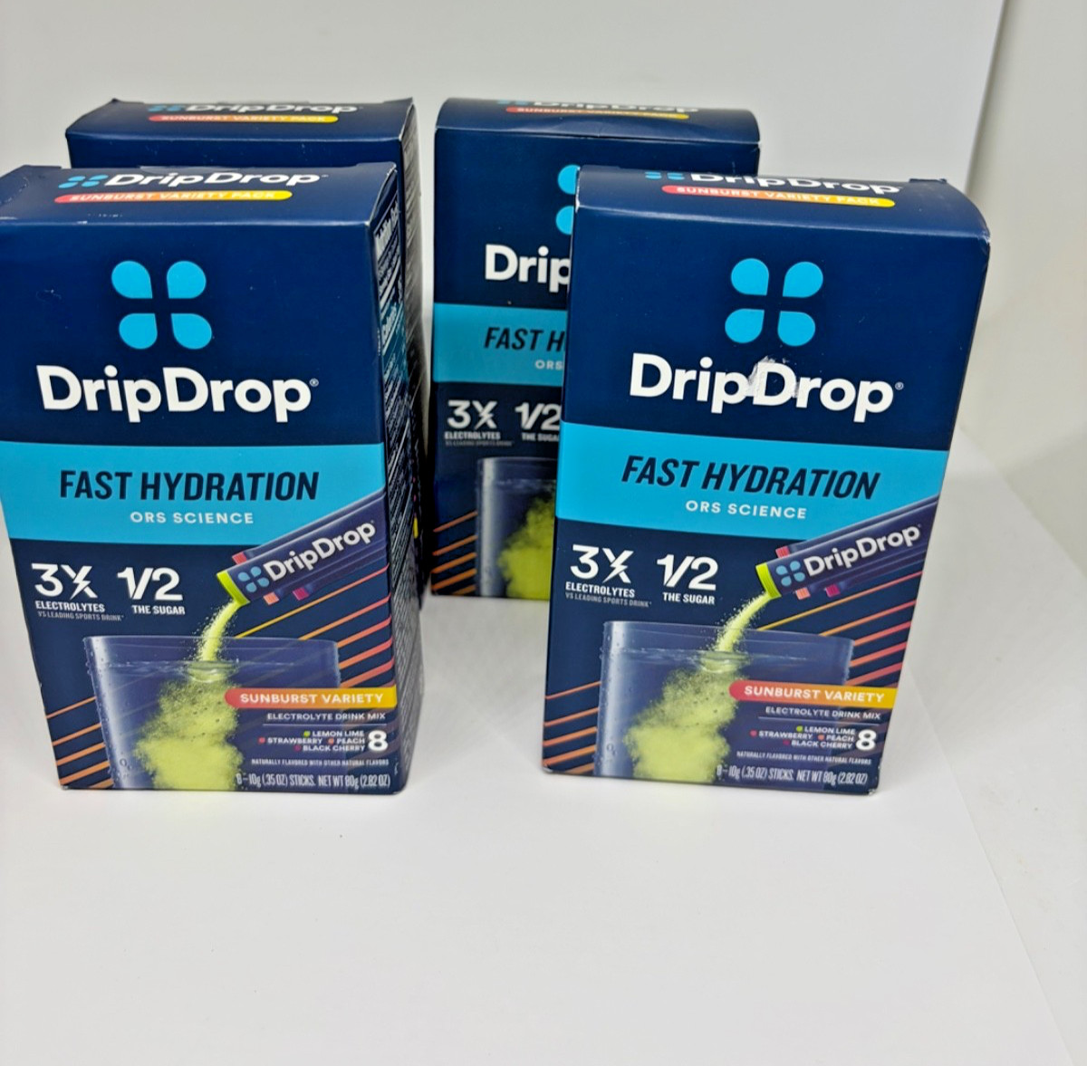(4) DripDrop Hydration - Electrolyte Powder Packets -Sunburst Variety BB 12/28+
