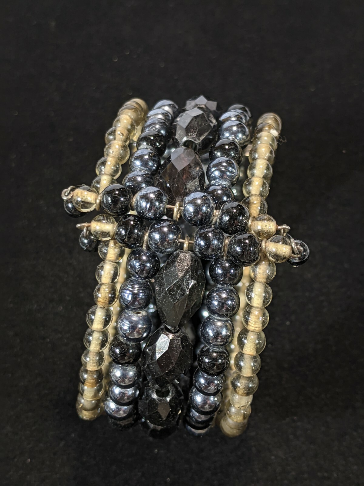Artisan Black Glass Gray Beaded Cuff Bracelet 10427