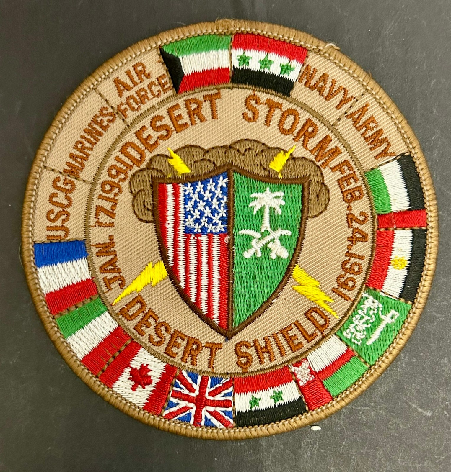 Desert Storm Shield Allied Flags Patch Saudi Arabia US Shield Lightning