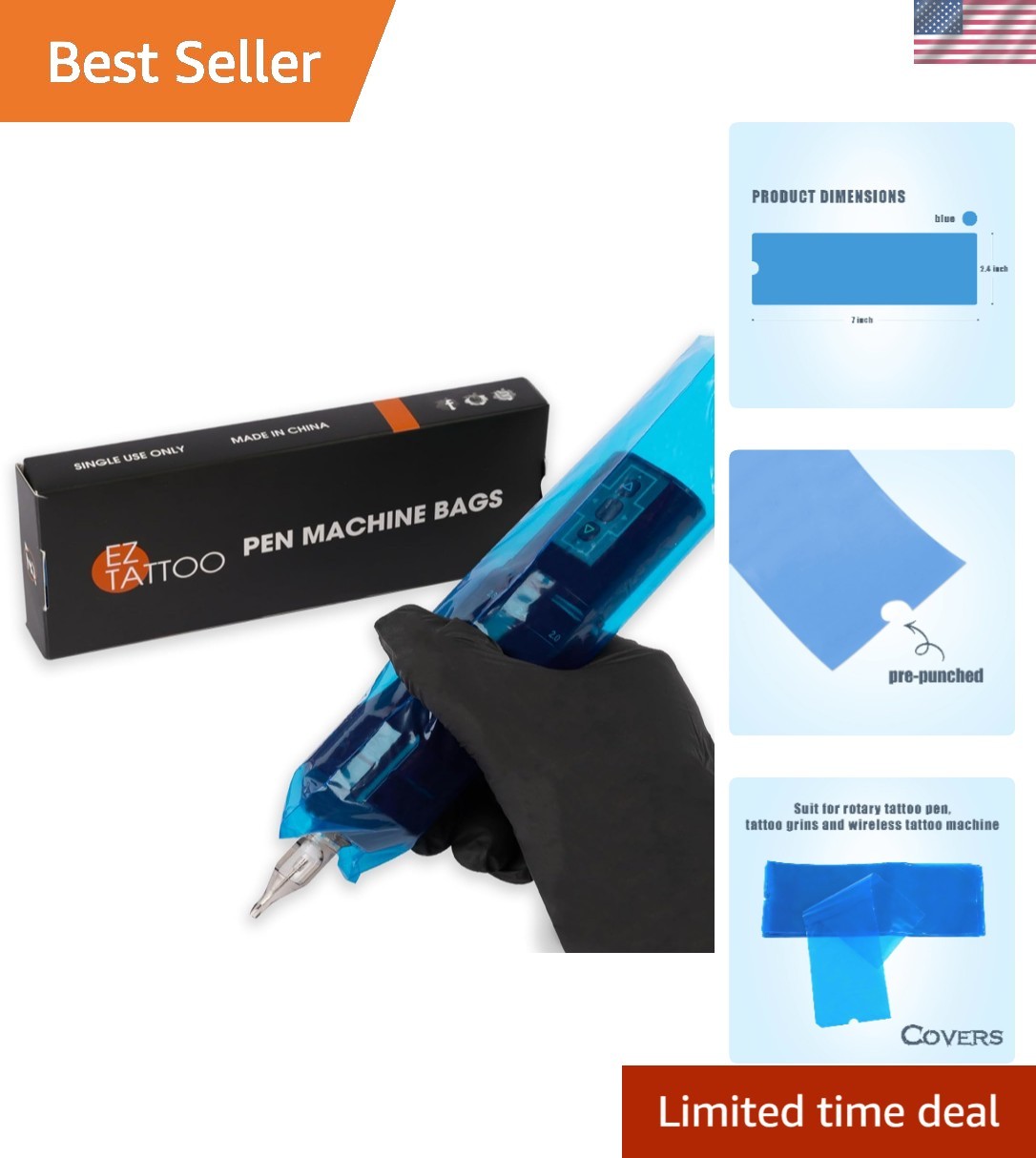 200pcs Disposable Tattoo Machine Covers - Blue, 2.4” X 7” for Quality Protection