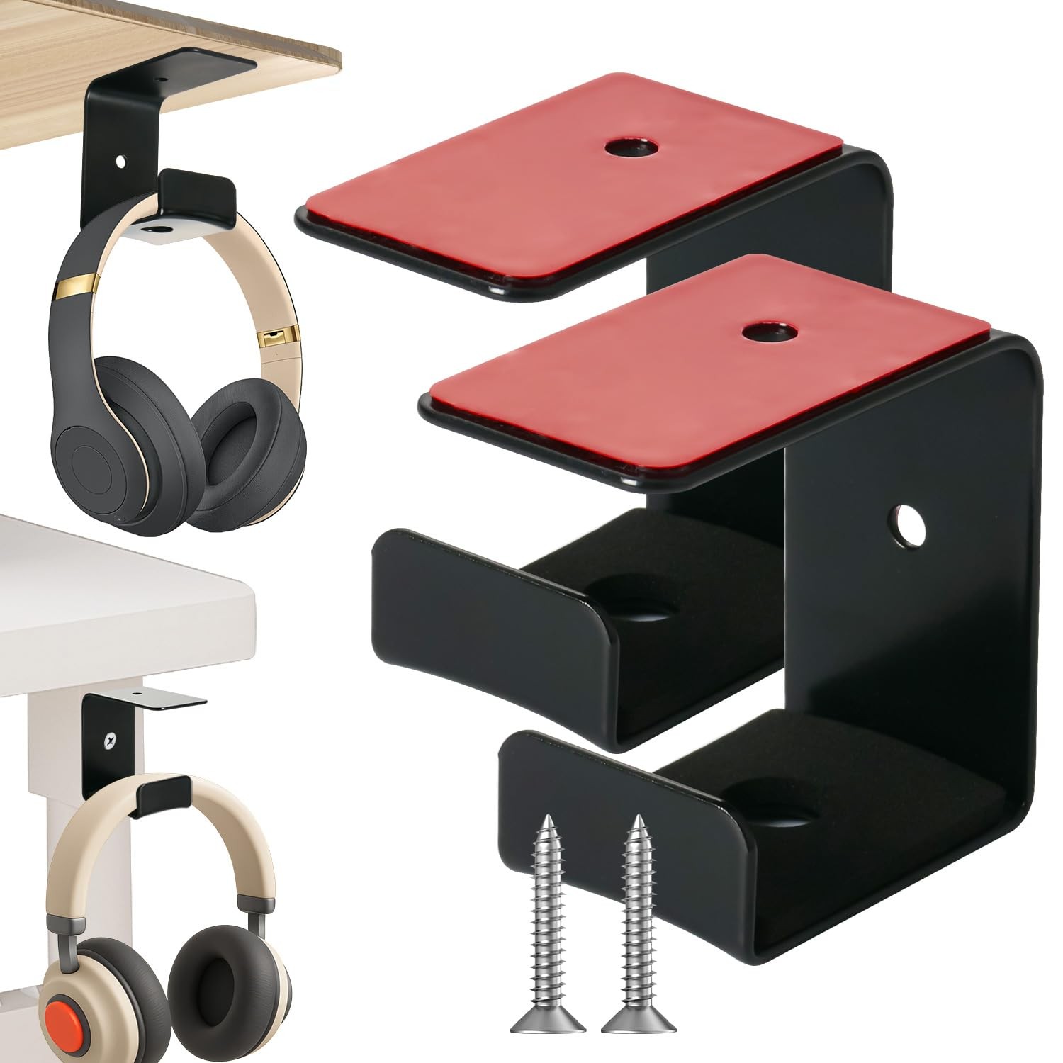 2 Pack Under Desk Headphone Stand Holder Adhesive Rubber Pad Screws Mount