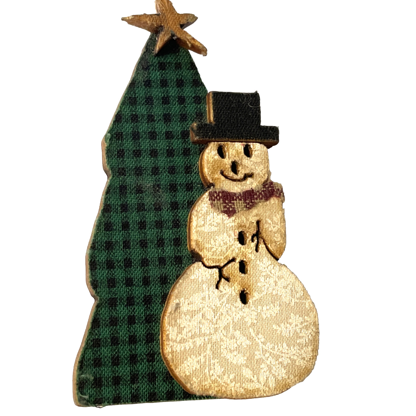 Folk Art Snowman/Christmas Tree Pin/Brooch Wood & Fabric