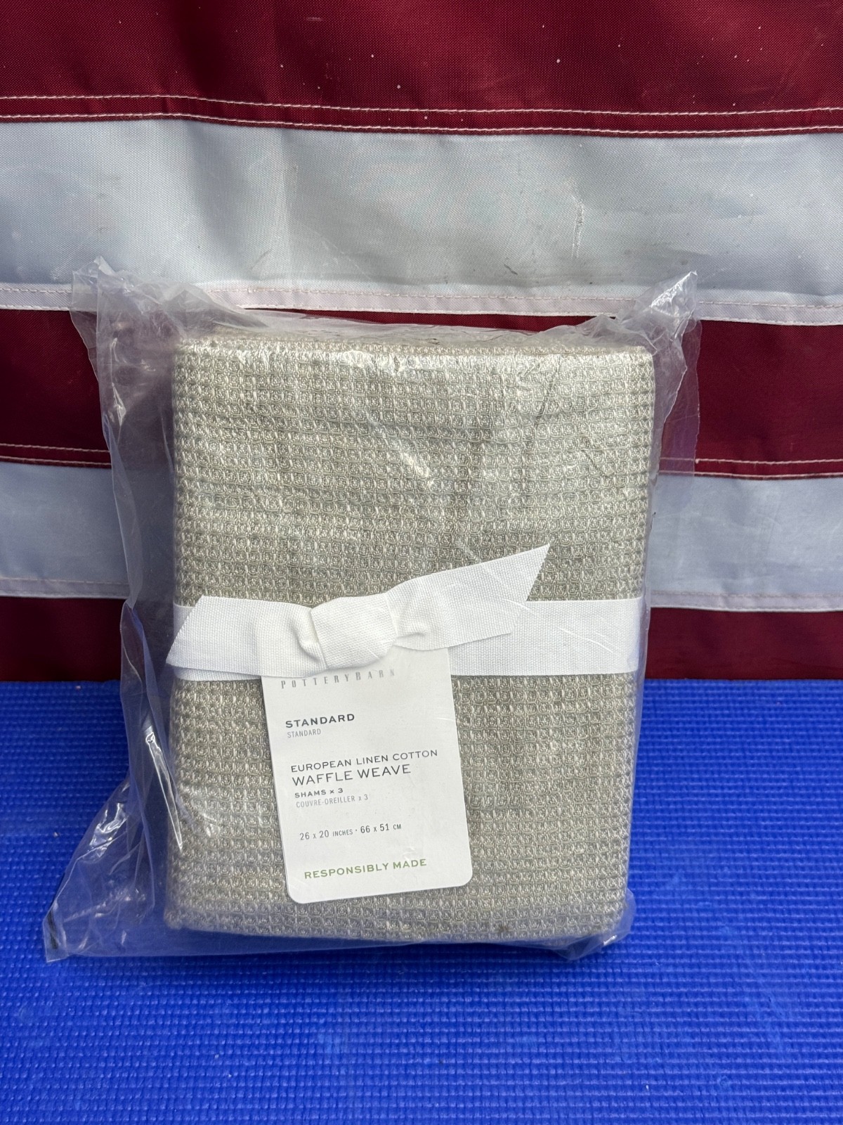 3x Pottery Barn Standard Flax Shams European Linen Cotton WAFFLE WEAVE