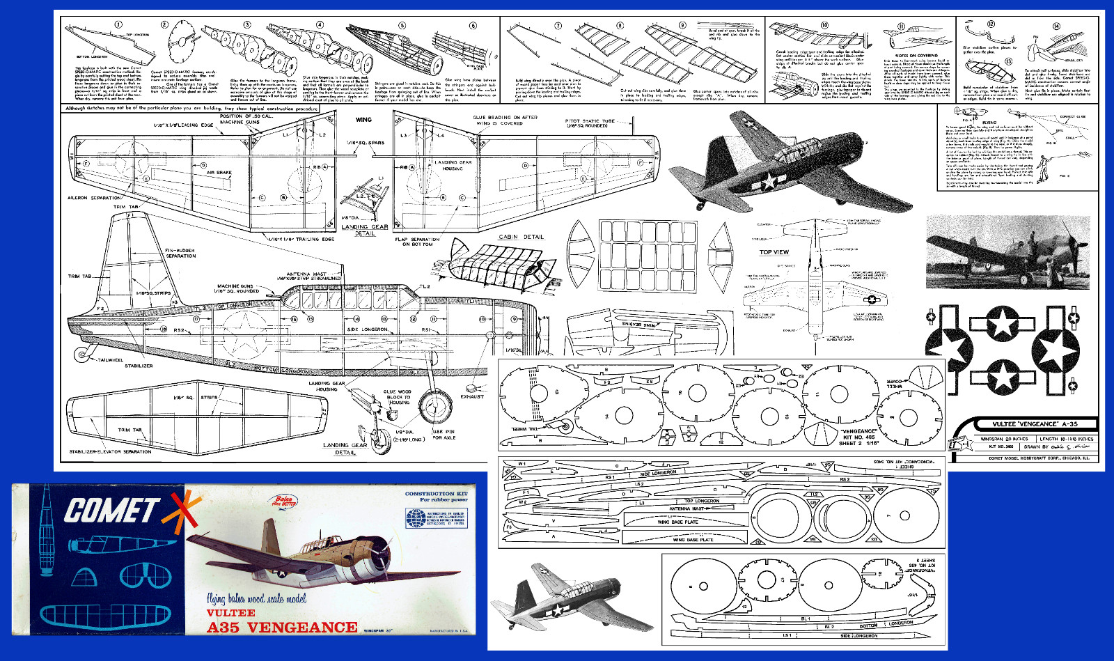 Comet Model Airplane Plans (FF): Vultee A-35 Vengence 20" Rubber-Powered