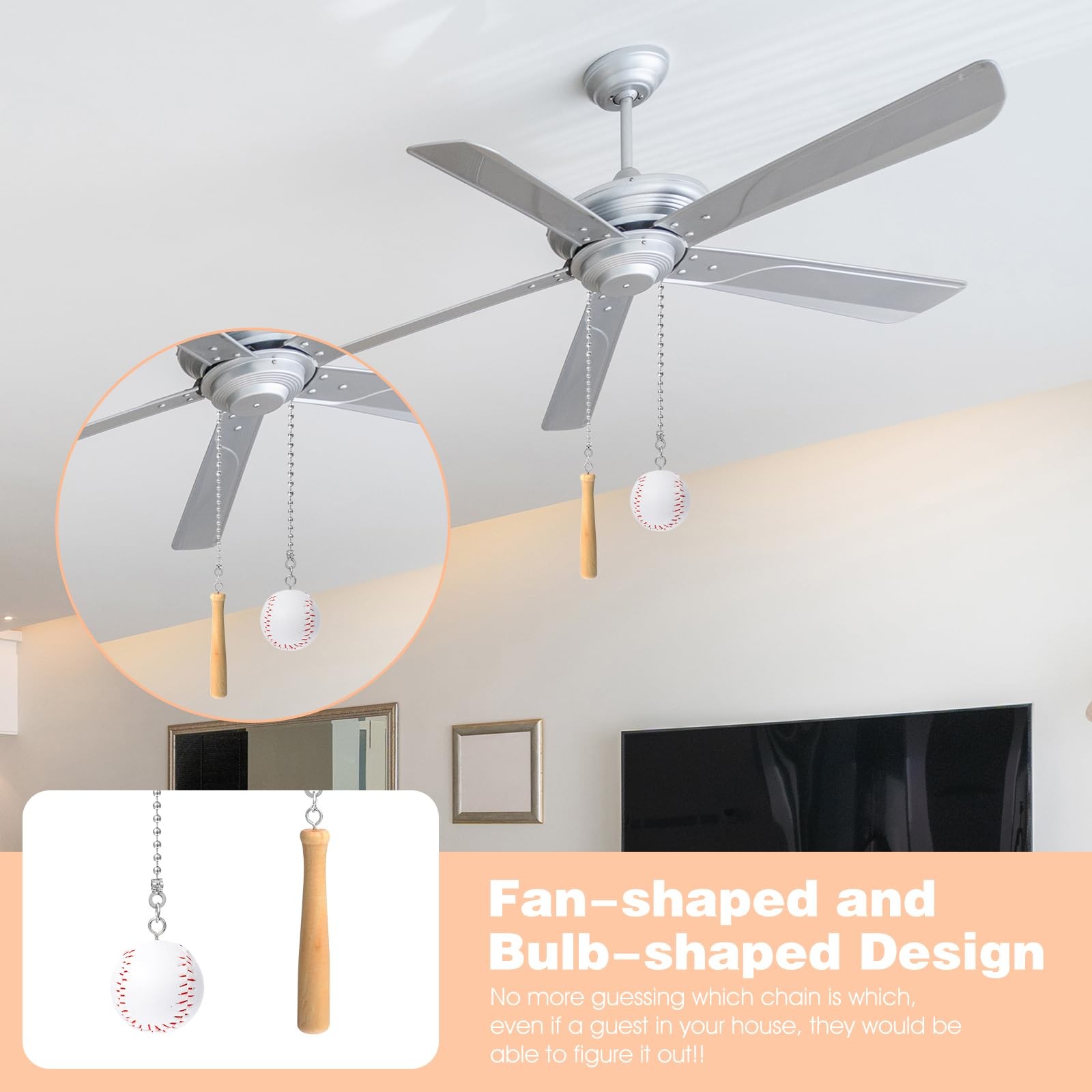2 Pcs Baseball Pull Chain Extension, Light Pull Chain Fan Pull-Chains Extensi...