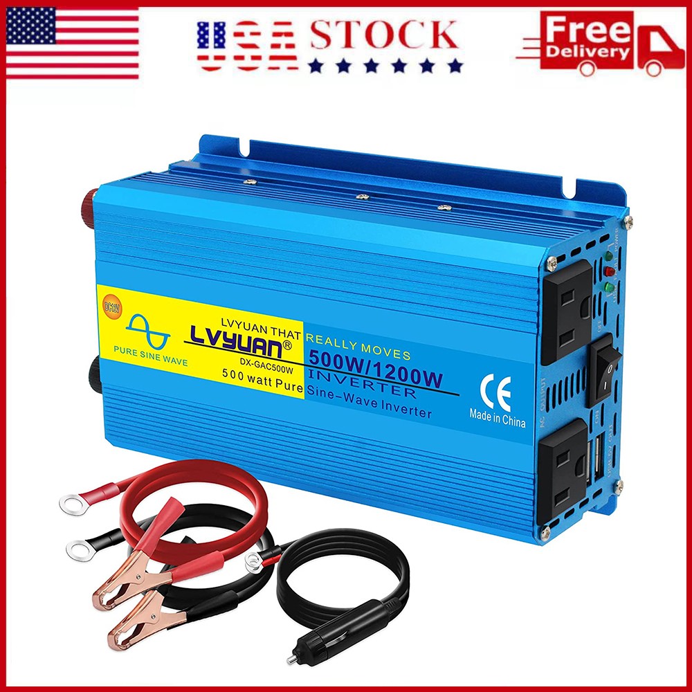 500W Pure Sine Wave Power Inverter DC 12V to AC 110V Car Converter 2USB 2AC Trip