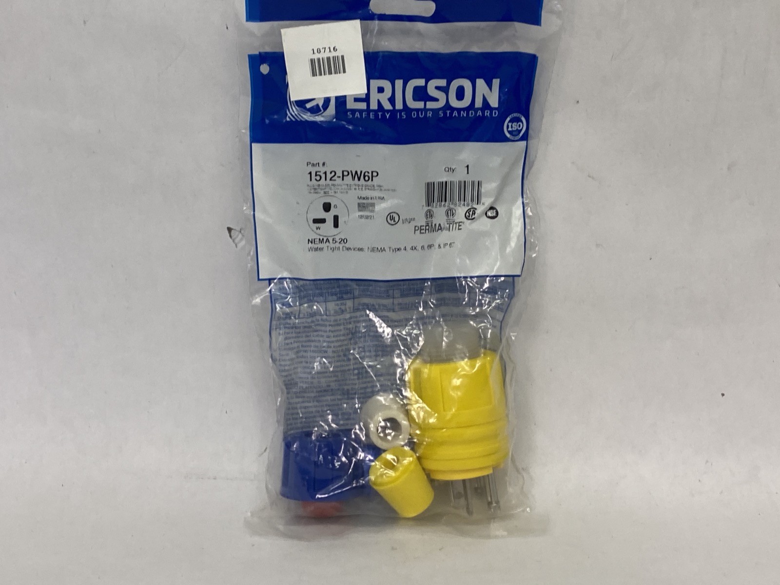 NEW Ericson Watertight 20A 125V 2 Pole 3 Wire 1 Phase Straight Plug 1512-PW6P