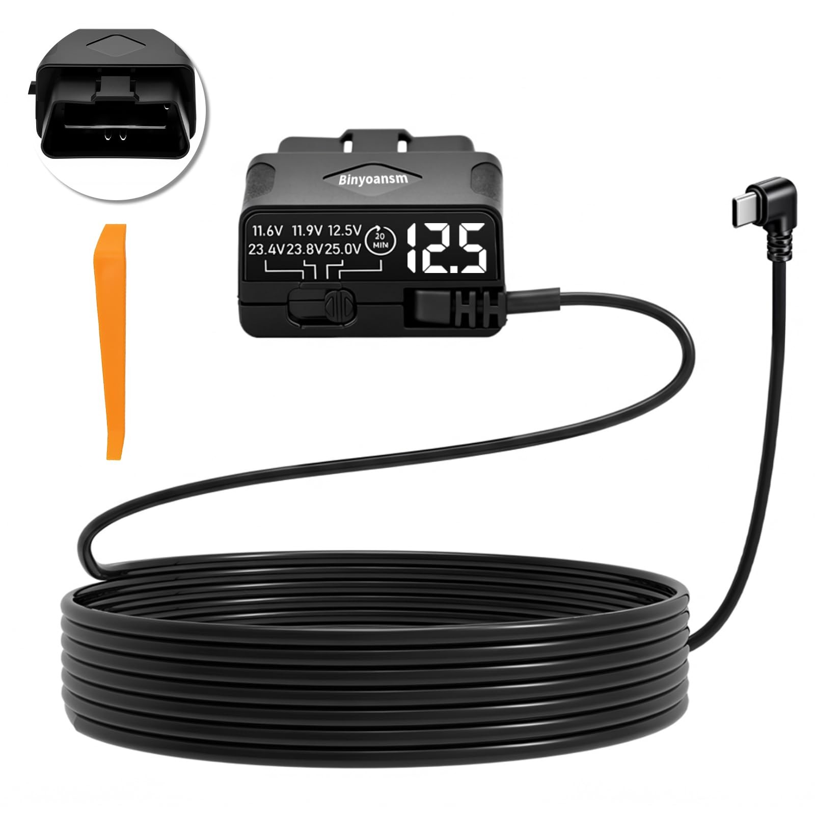 OBD Dash Cam Power Cable USB C Low Voltage Protection Voltmeter 11.5ft