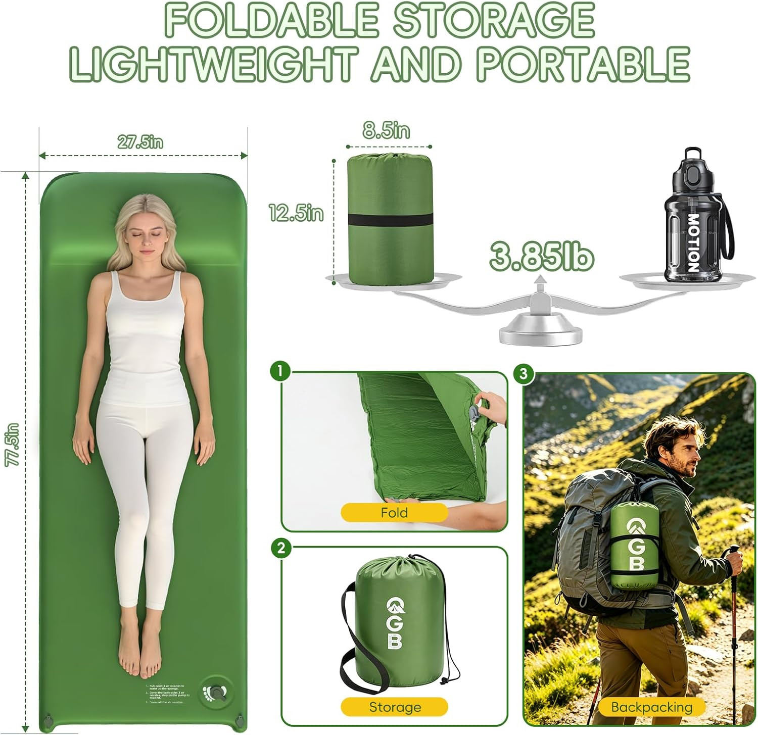 Memory Foam Camping Sleeping Pad, Foldable and Portable Self-Inflating Camping M