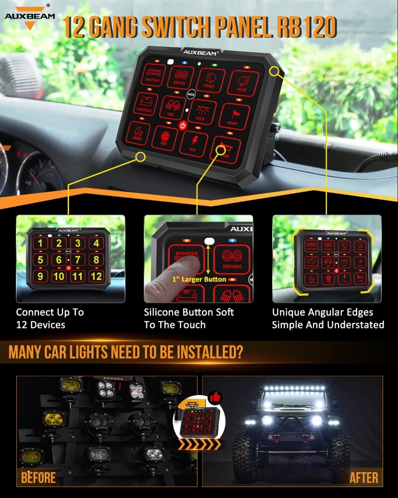 AUXBEAM RB120 12 Gang RGB Switch Panel LED Touch Switch Panel Circuit Controller