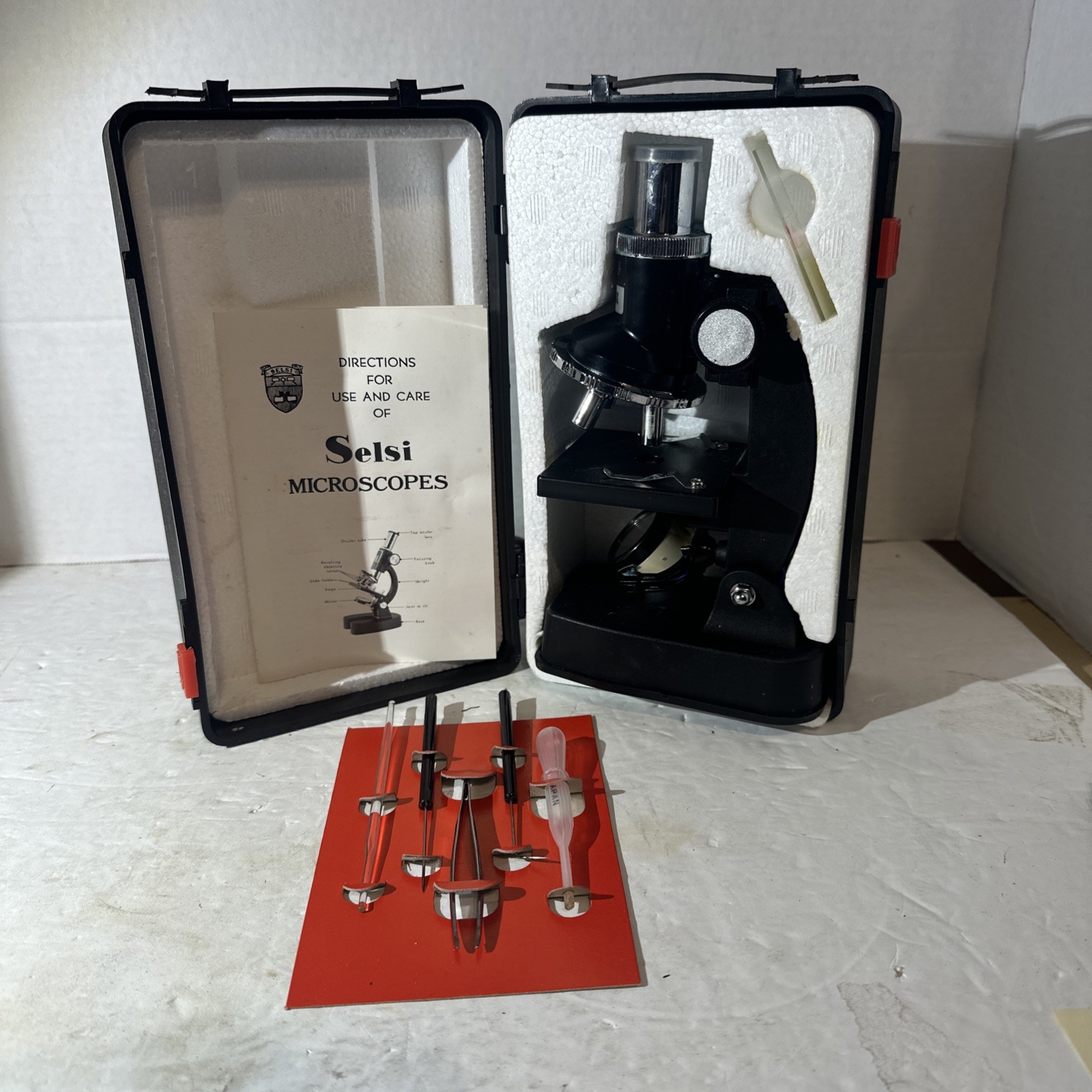 Selsi Student Microscope Kit 150x 600x Monocular w Case Slides Vintage