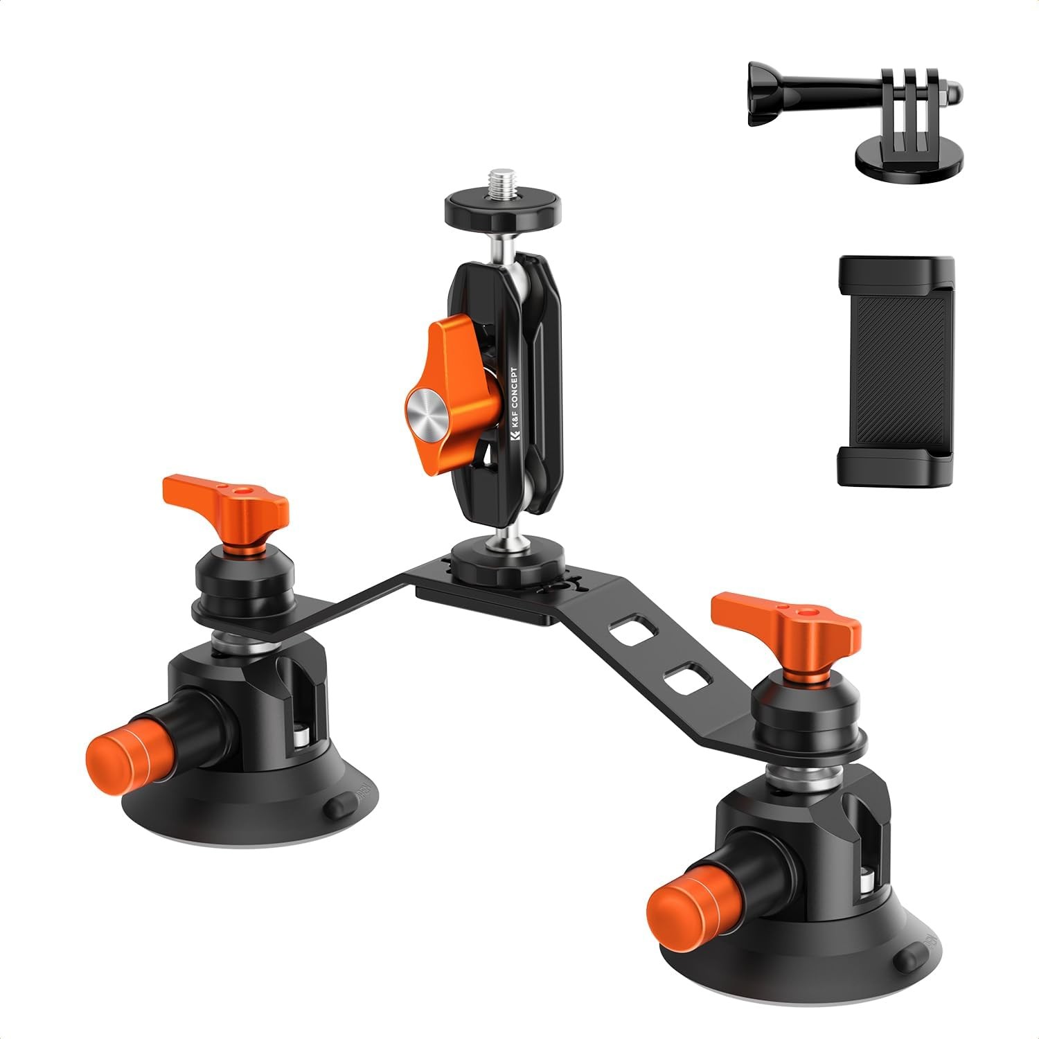 K&F CONCEPT 3" Dual Suction Cup Mount Sets for GoPro DJI Insta360 DSLRs Phone