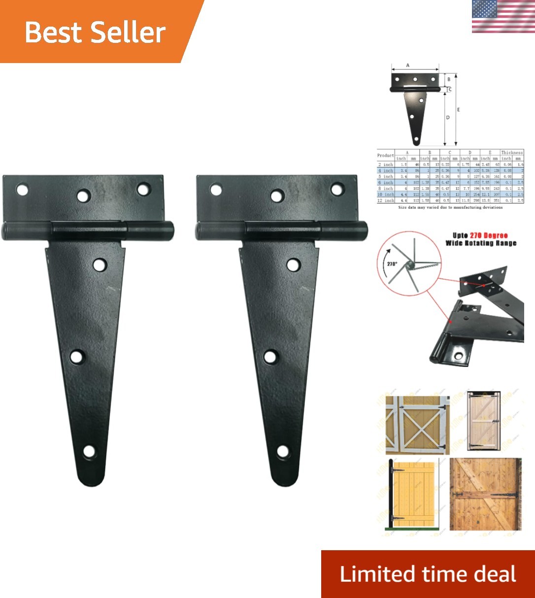 Heavy Duty T Hinges - 6 Inch Black Powder Coated, Perfect for Indoor/Outdoor Use