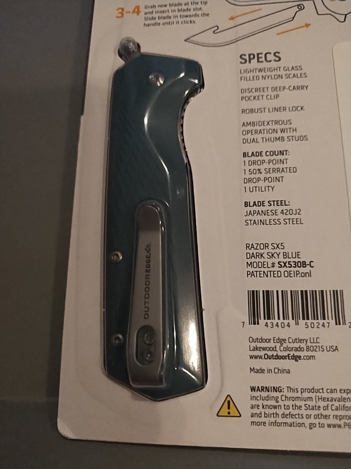Outdoor Edge Razor SX5 Folding Knife 3 Replaceable Blades GFN Handle Linerlock