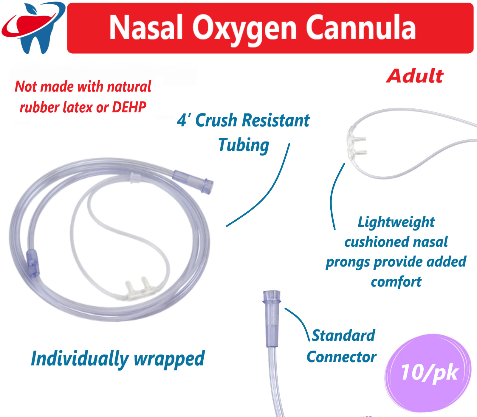 10/Pack -  4 FT Adult Cushion Tip Soft Nasal Oxygen Cannulas Standart Canula