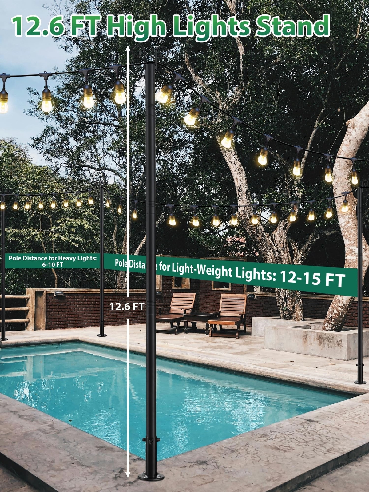 2-Pack Adjustable String Light Poles, 12.6 FT Light Poles for Outside Patio H...