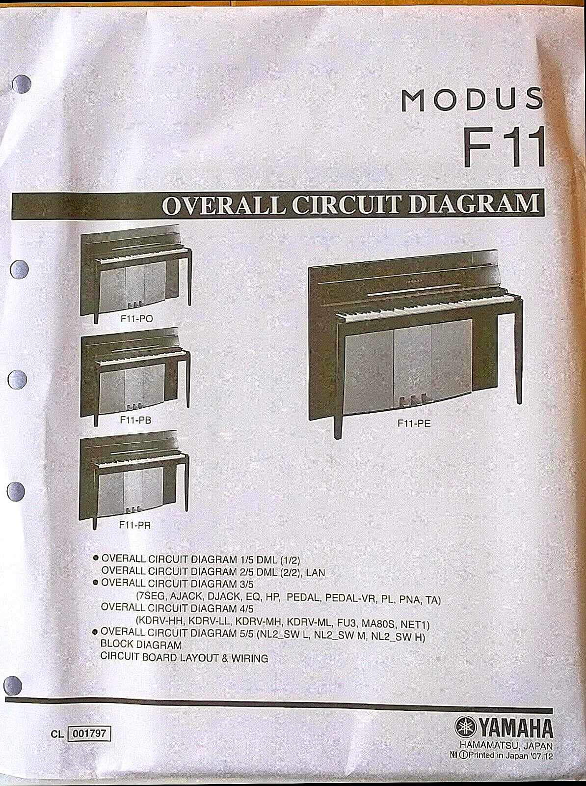Yamaha MODUS F11 Digital Piano Original Overall Circuit Diagram Sheets in Cover.