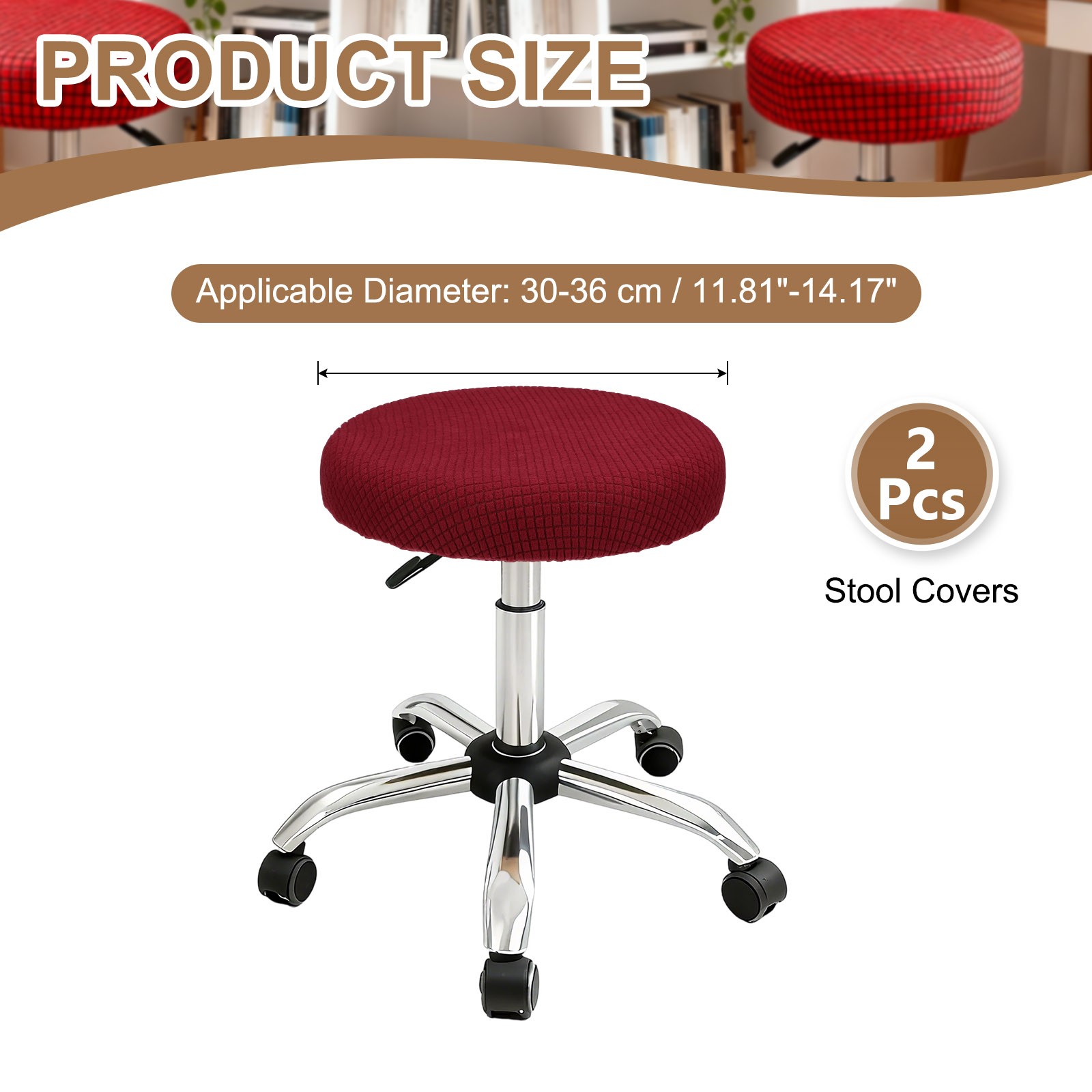 2Pcs Stool Covers Round, Bar Stool Covers with Elastic Bands, Red