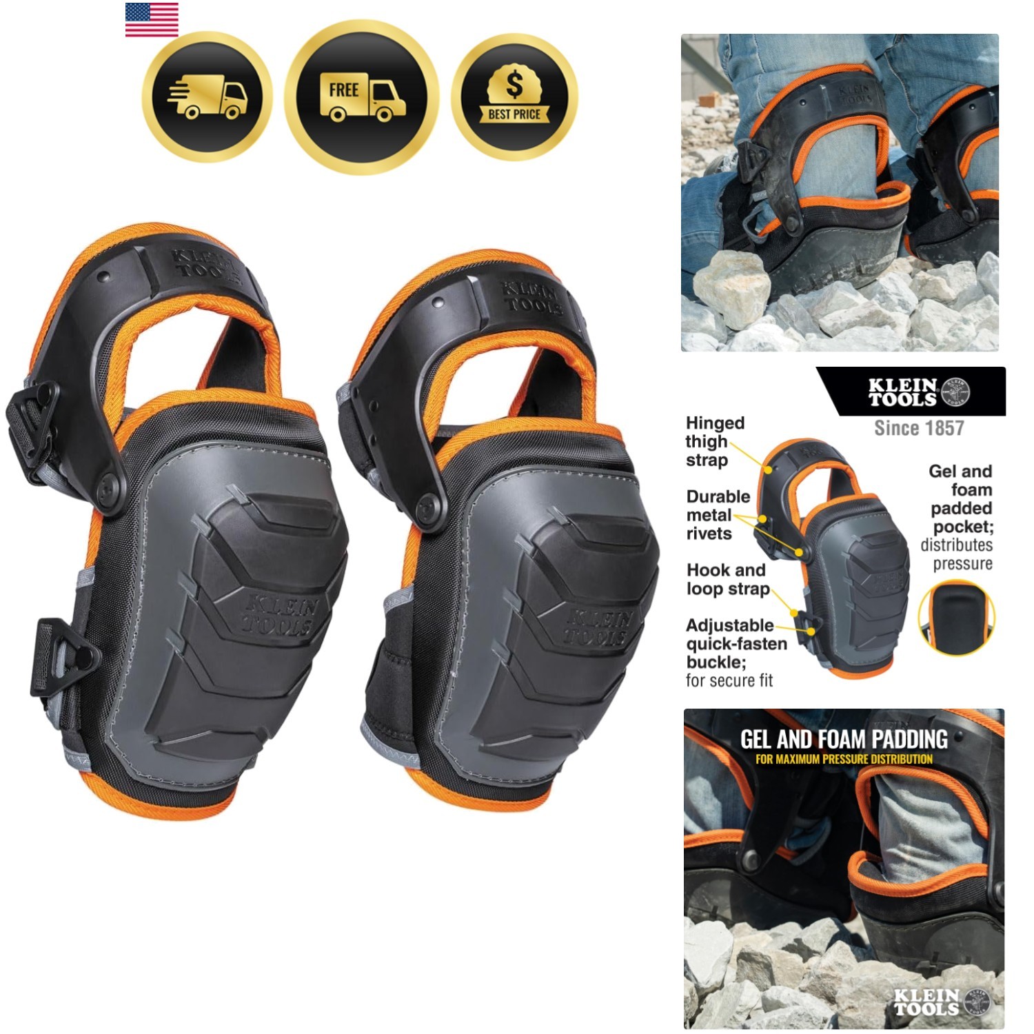 60491 Hinged Knee Pads, Heavy Duty Gel Foam Protective Knee Pads with Quick-F...