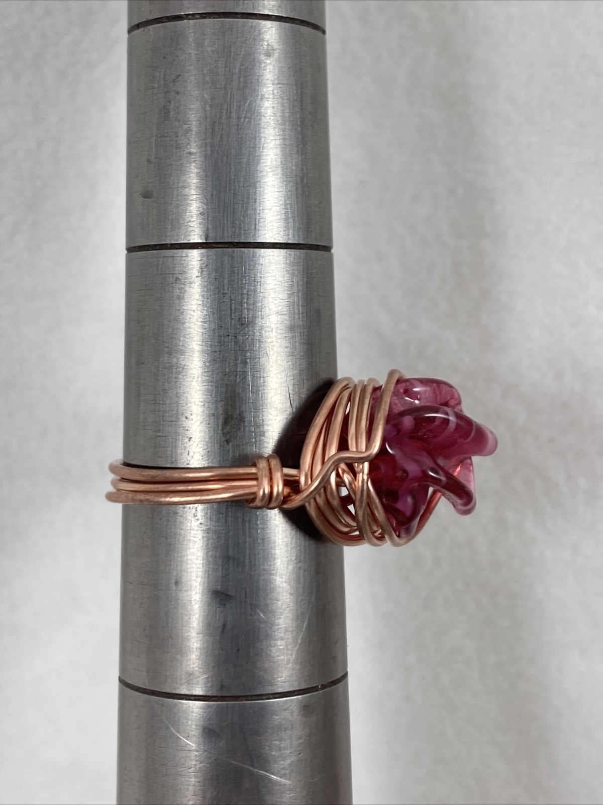 Handmade ~ Copper Wire Wrap ~ Pink Tones Glass Bead Ring ~ Size 5 #163