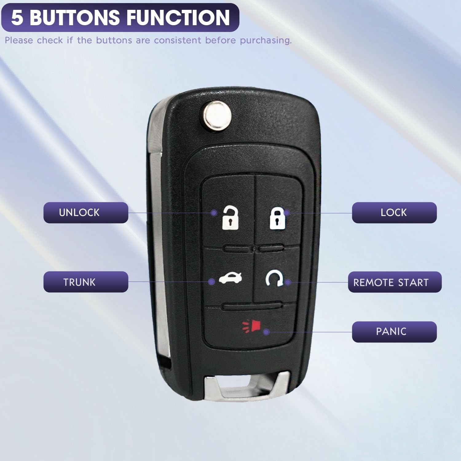 5 Button Keyless Entry Remote Control Flip Key Fob Replacement for Chevy Cruz...