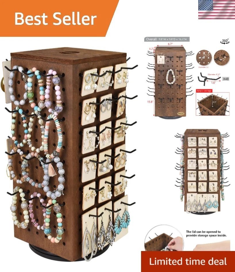 Wooden Rotating Four-Sided Pegboard Jewelry Accessories Rack, Rotating Jewelr...