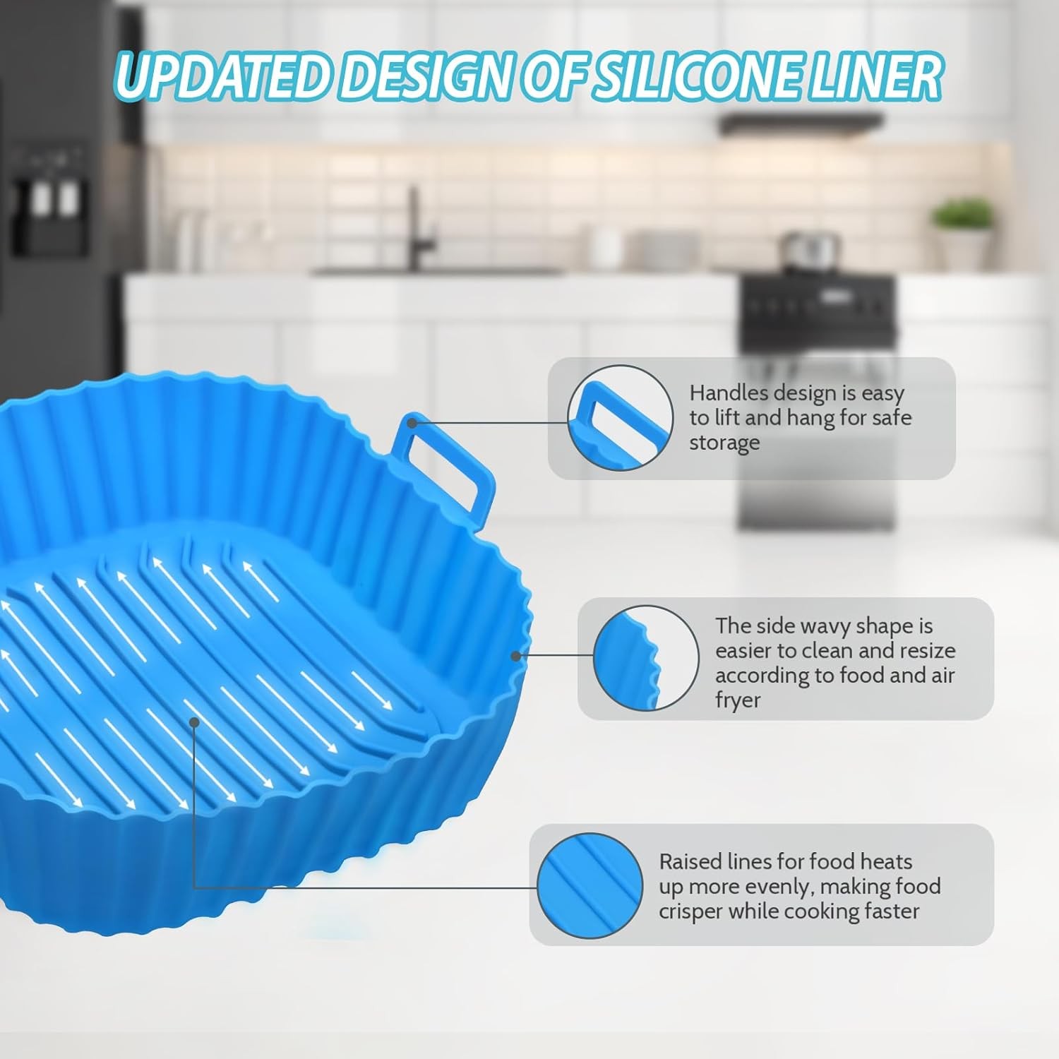 Silicone Air Fryer Liners Reusable 3 PCS, 7.3 inches x 8.4 inches, Blue