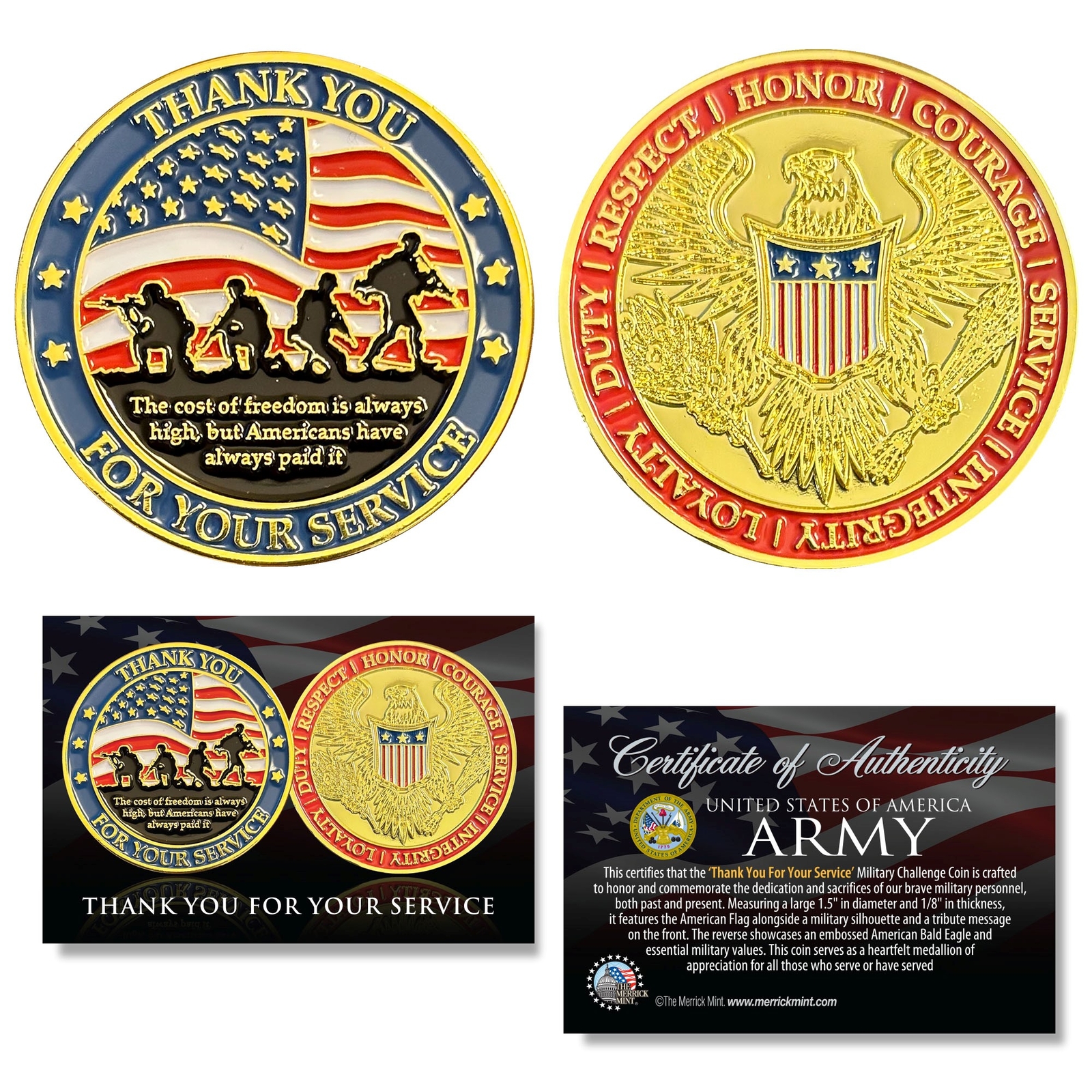ARMY Thank You For Your Service Heavy 38mm Challenge Coin USA Flag & Bald Eagle