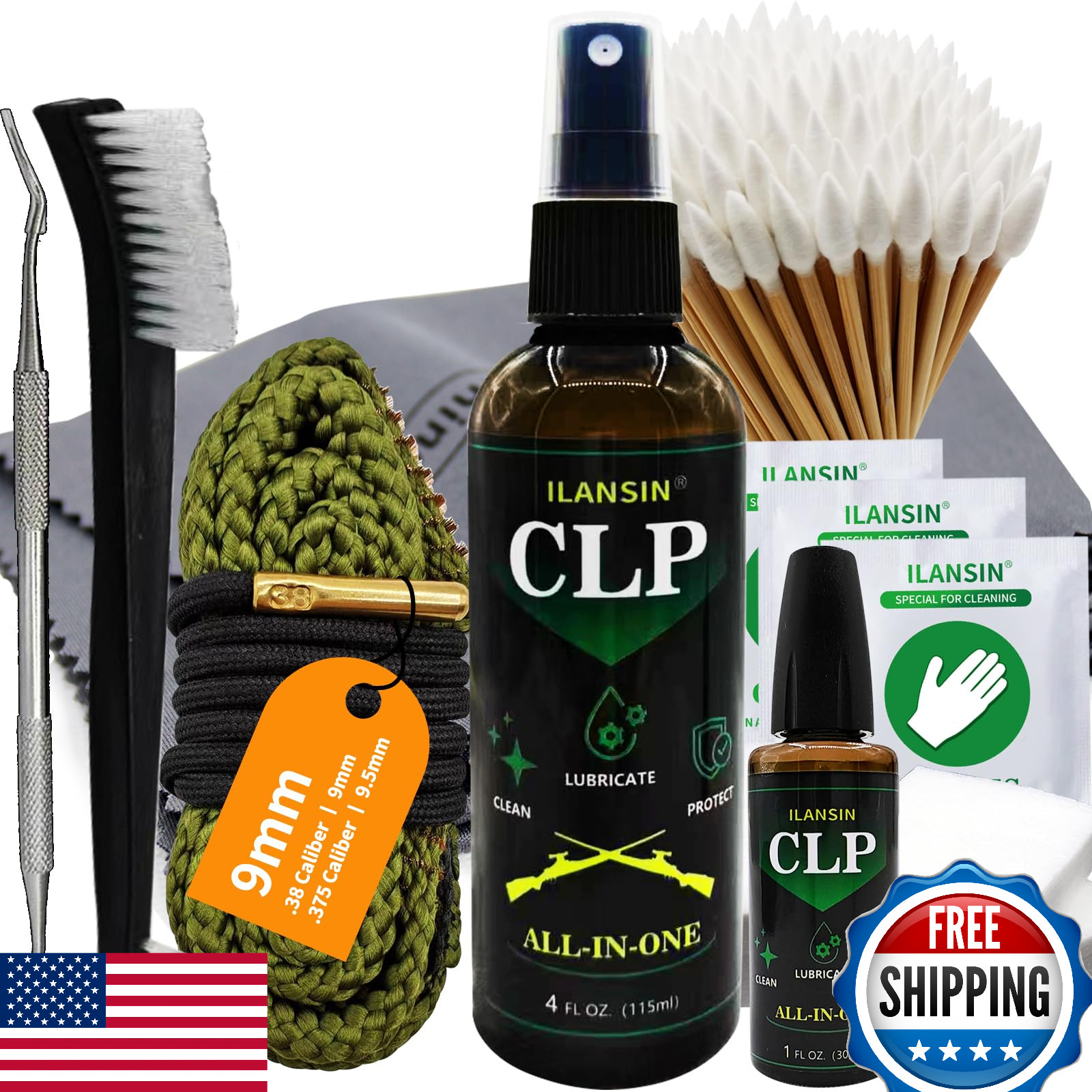 ILANSIN 9mm Bore Cleaner & 5oz CLP Gun Cleaning Kit, Snake .38 .375