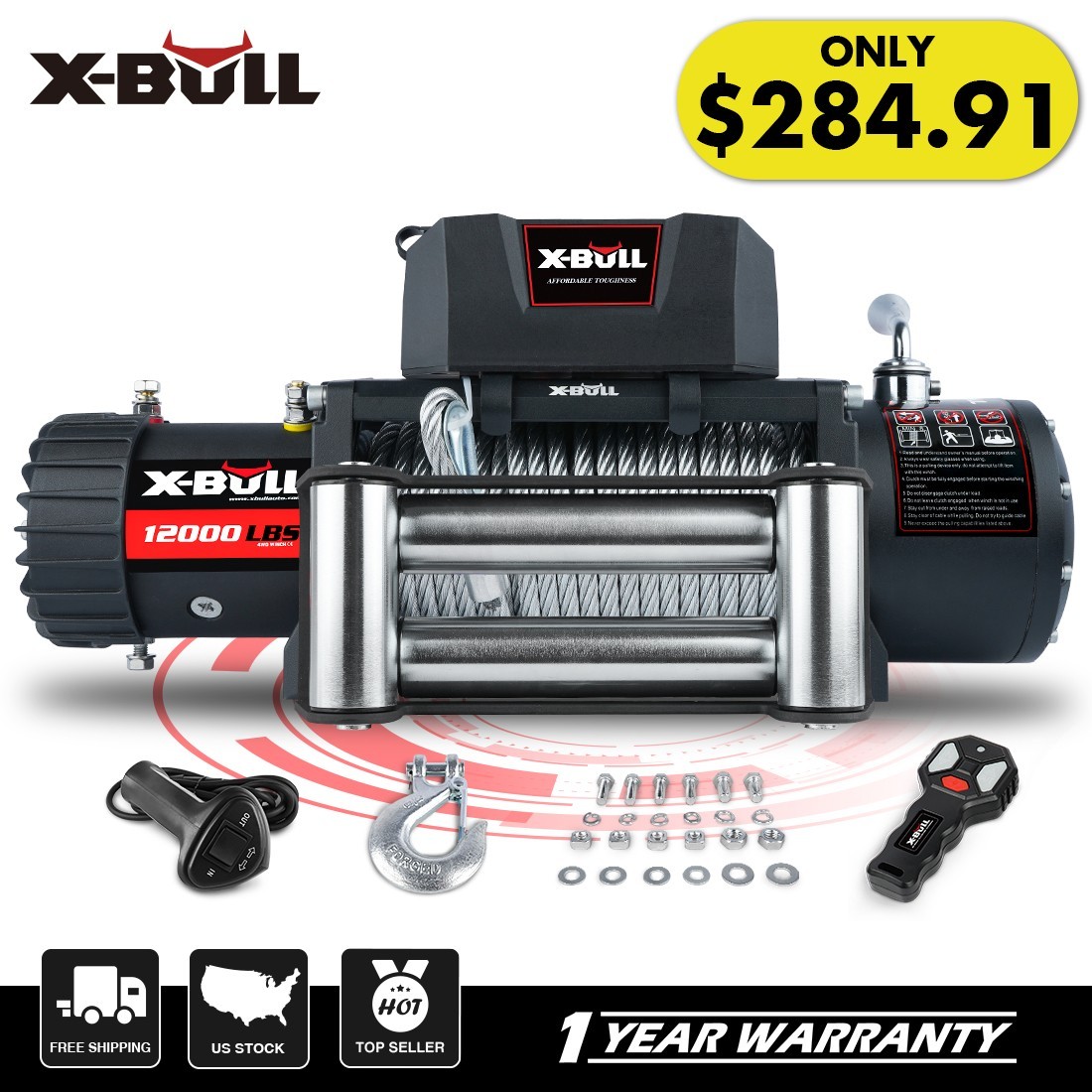 X-BULL Electric Winch 12000lbs 12V Steel Cable Truck Trailer Off-Road SUV 4WD