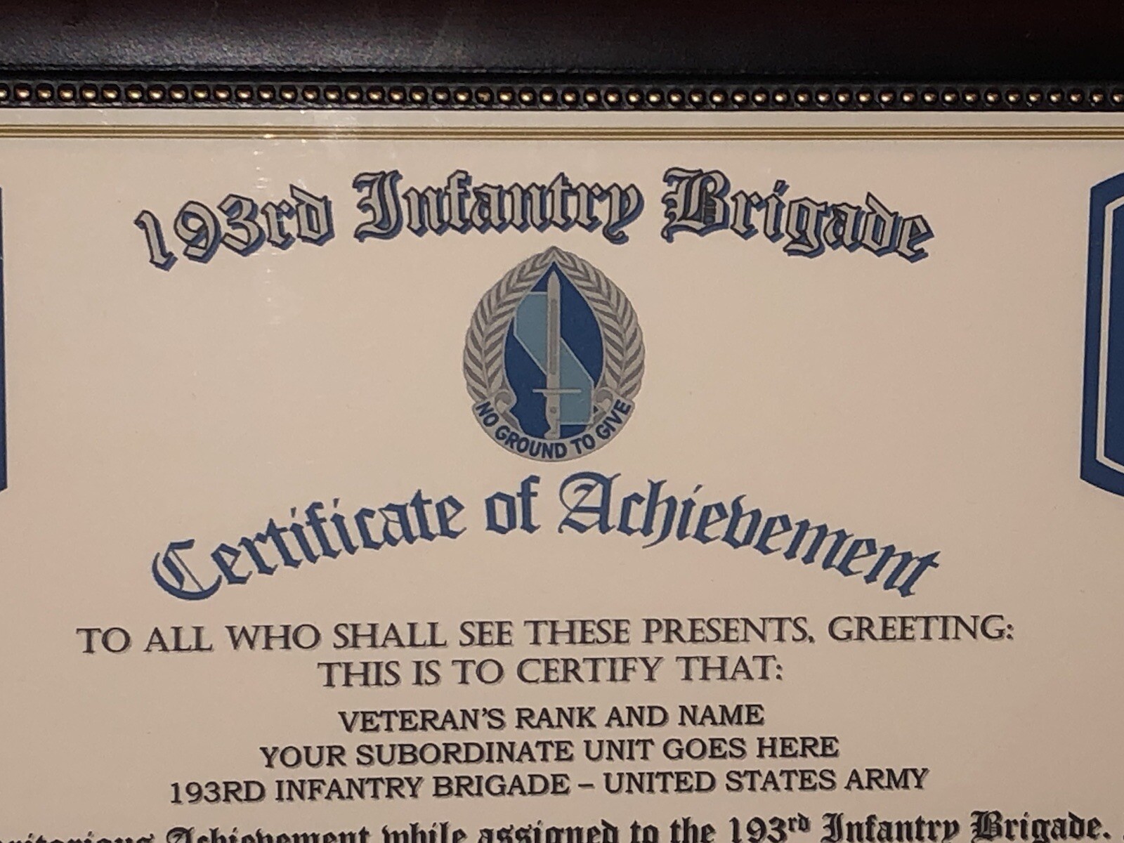 193RD INFANTRY BRIGADE - COA / (COMMEMORATIVE CERTIFICATE)