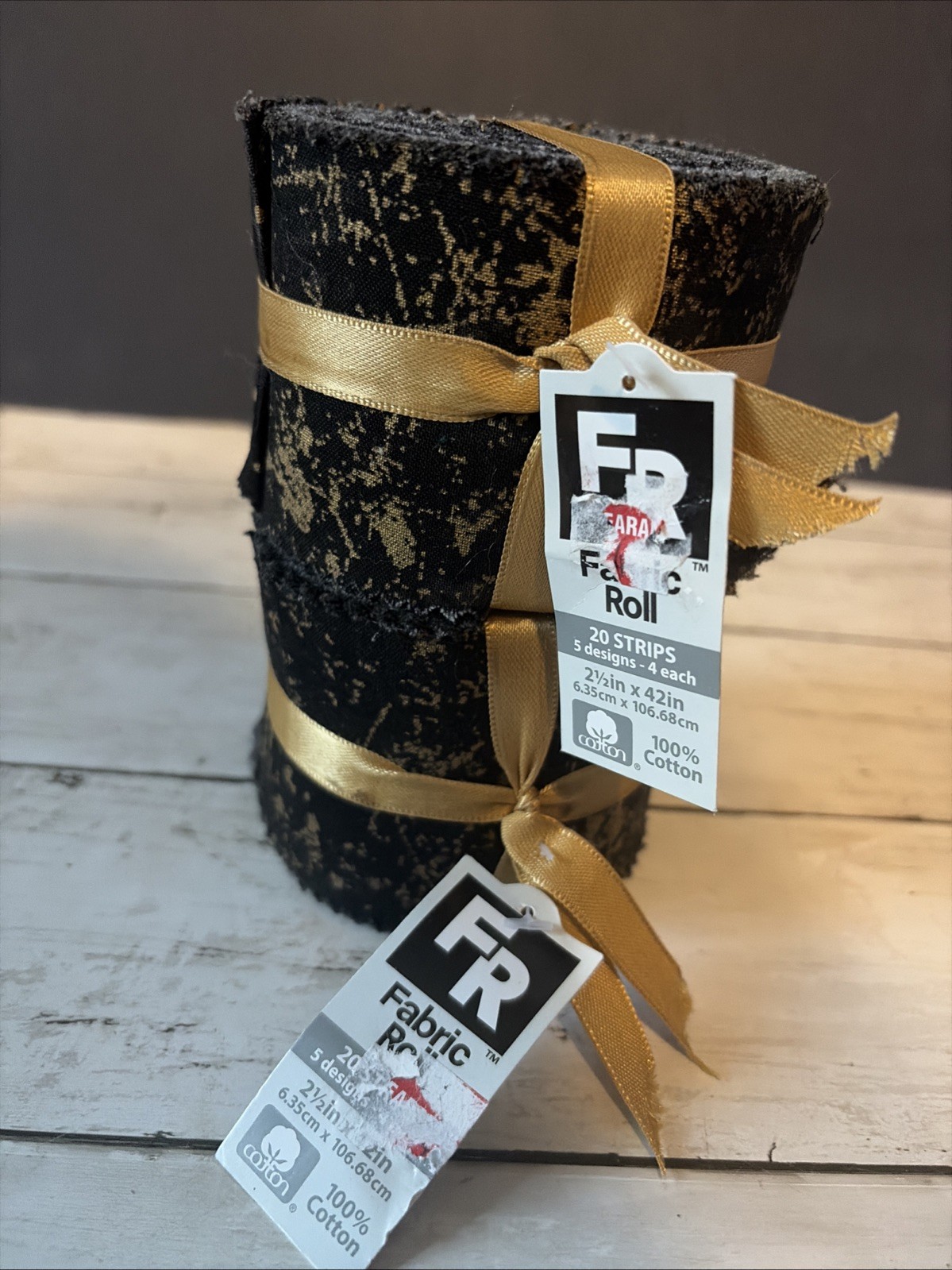 Two Cotton Black Gold Fabric Rolls, 20 Strips Each 2 1/2” X 42” Jo-Ann’s Bg3