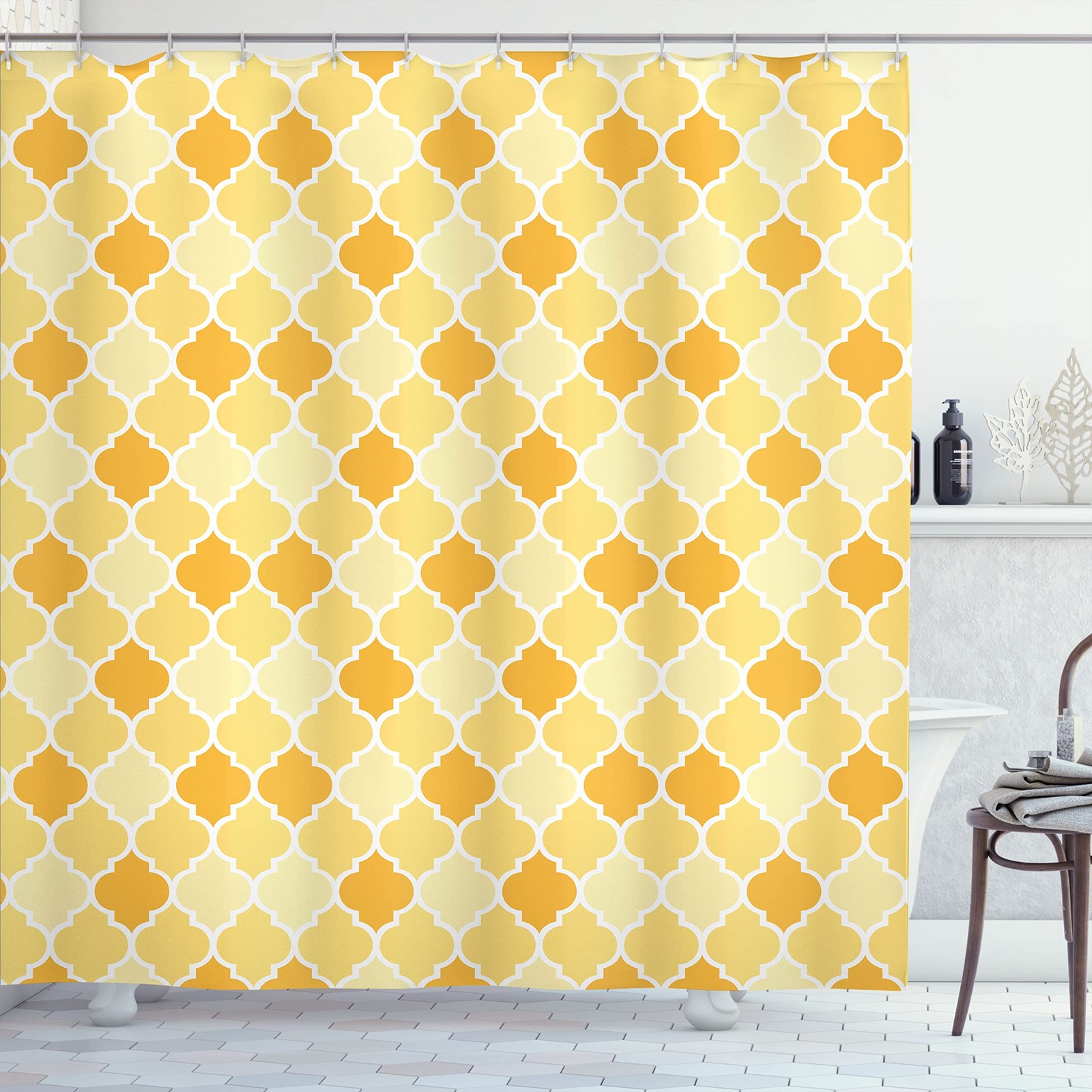 Quatrefoil Shower Curtain, Age-Old Trellis Pattern in The Shades of Yellow Hi...