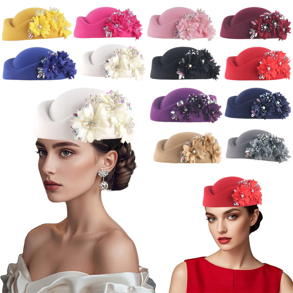 Retro Felt Headscarf Hat Women's Church Derby Headdress with Floral Soft Beret