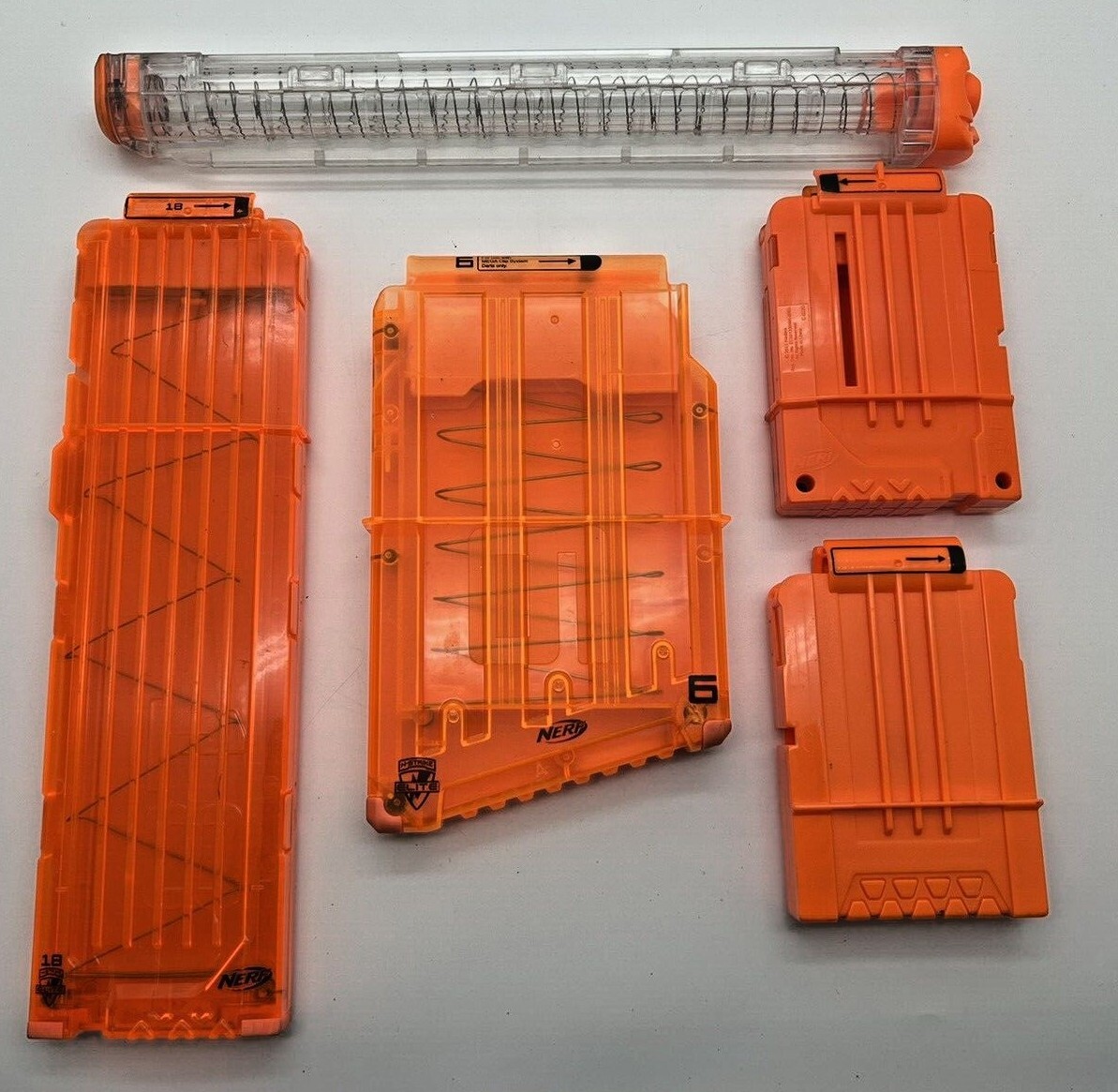 Lot of FIVE - NERF N-Strike Ammo Clips - 18, 6, Tube - foam rifle ammo magazines