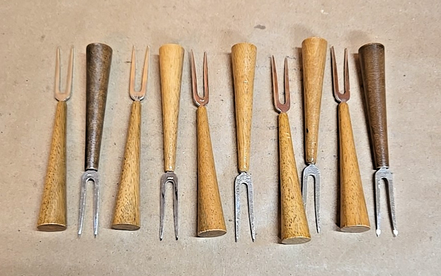 Set of (10) Cocktail Forks; Wood Handles; Stainless Steel; Italy