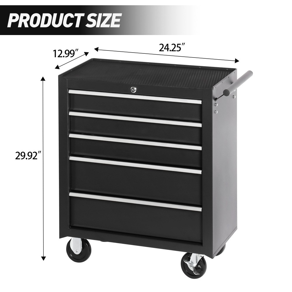 Tool Organizer Wheels Box with 5 Drawer Lock & Key, Top Cushion & Drawer Liners