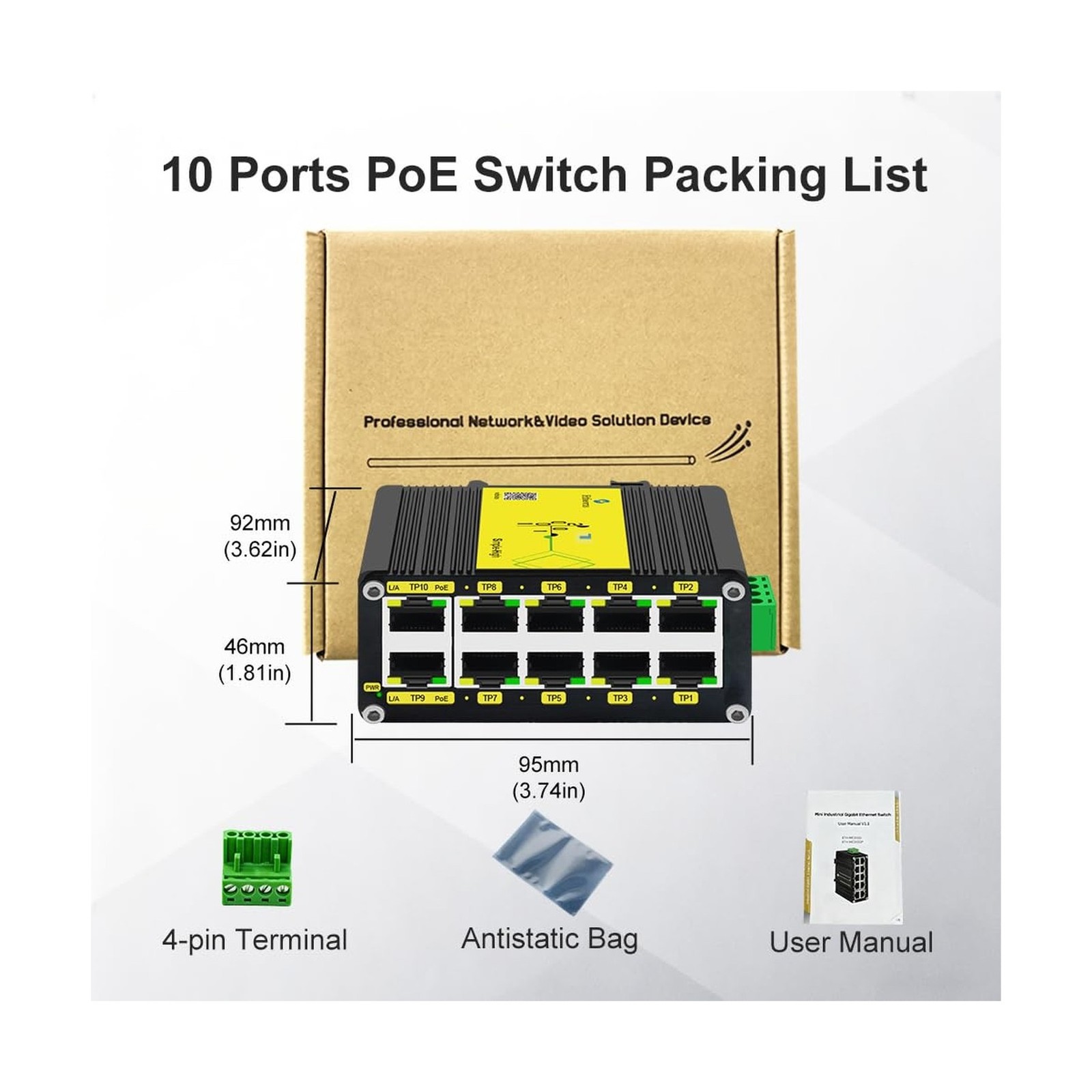 Htfoevrxs Industrial 10-Port Gigabit PoE Switch, DC12V-48V Input to DC48V PoE...