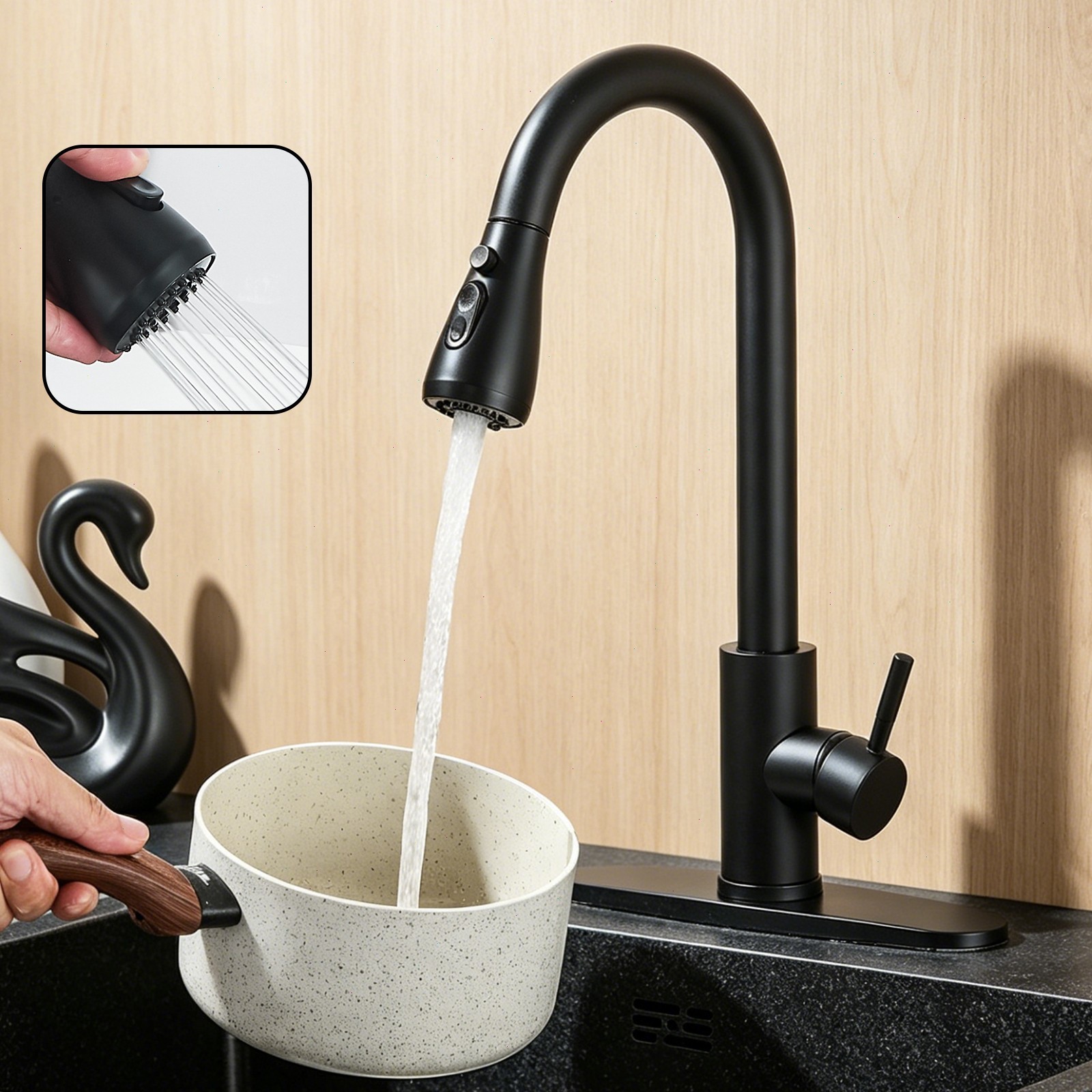 Matte Black Kitchen Faucet Single Handle Pull Down Sprayer Swivel Sink Mixer Tap