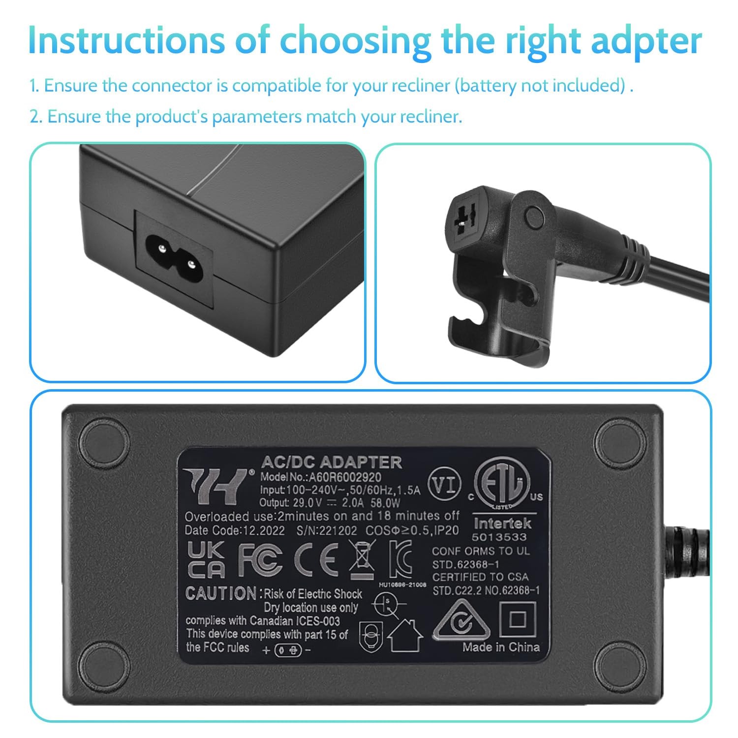 Sopito Universal Power Recliner Power Supply Kit 29V 2A 2-Pin Adapter 100-240V